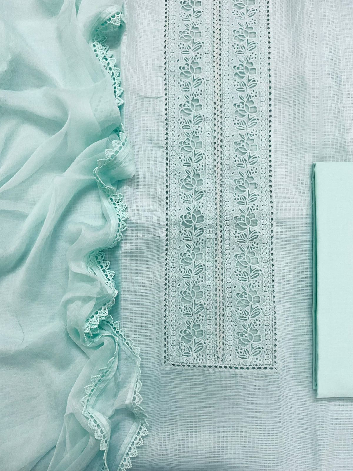 Soft Kota Silk Embroidered Suit - Sea Blue