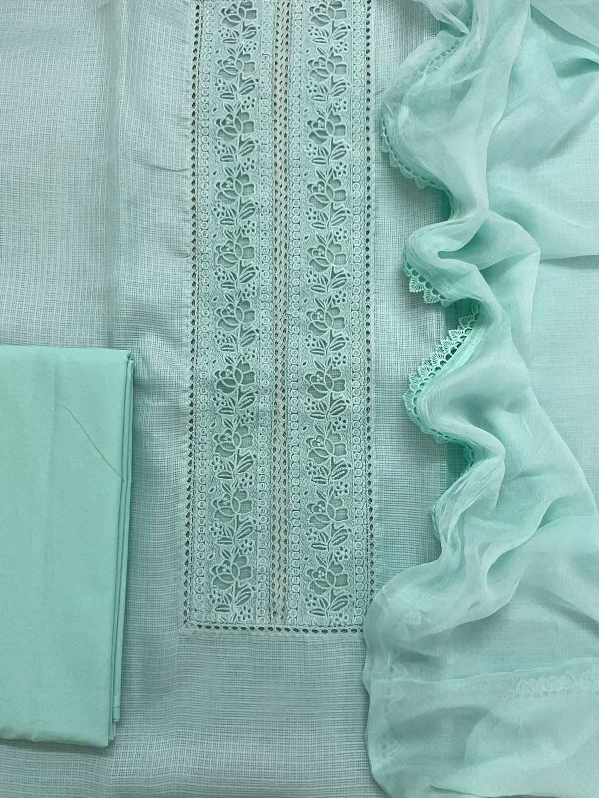 Soft Kota Silk Embroidered Suit - Sea Blue
