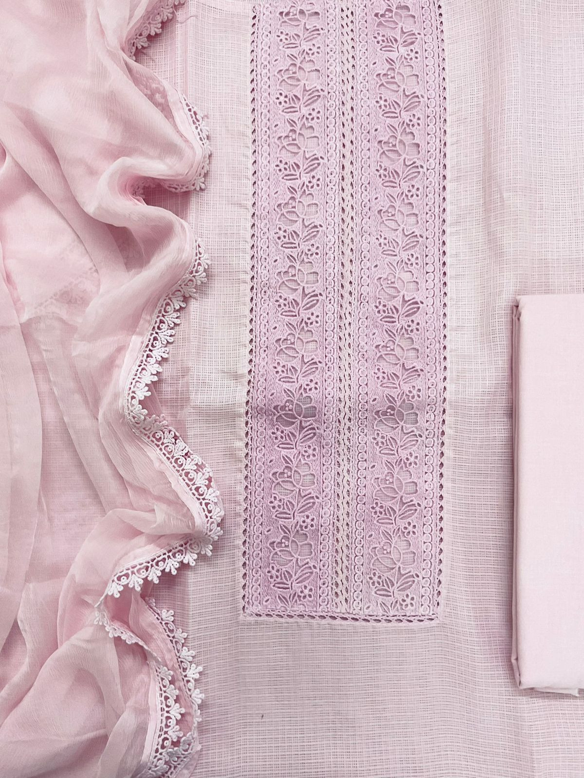 Soft Kota Silk Embroidered Suit - Pink