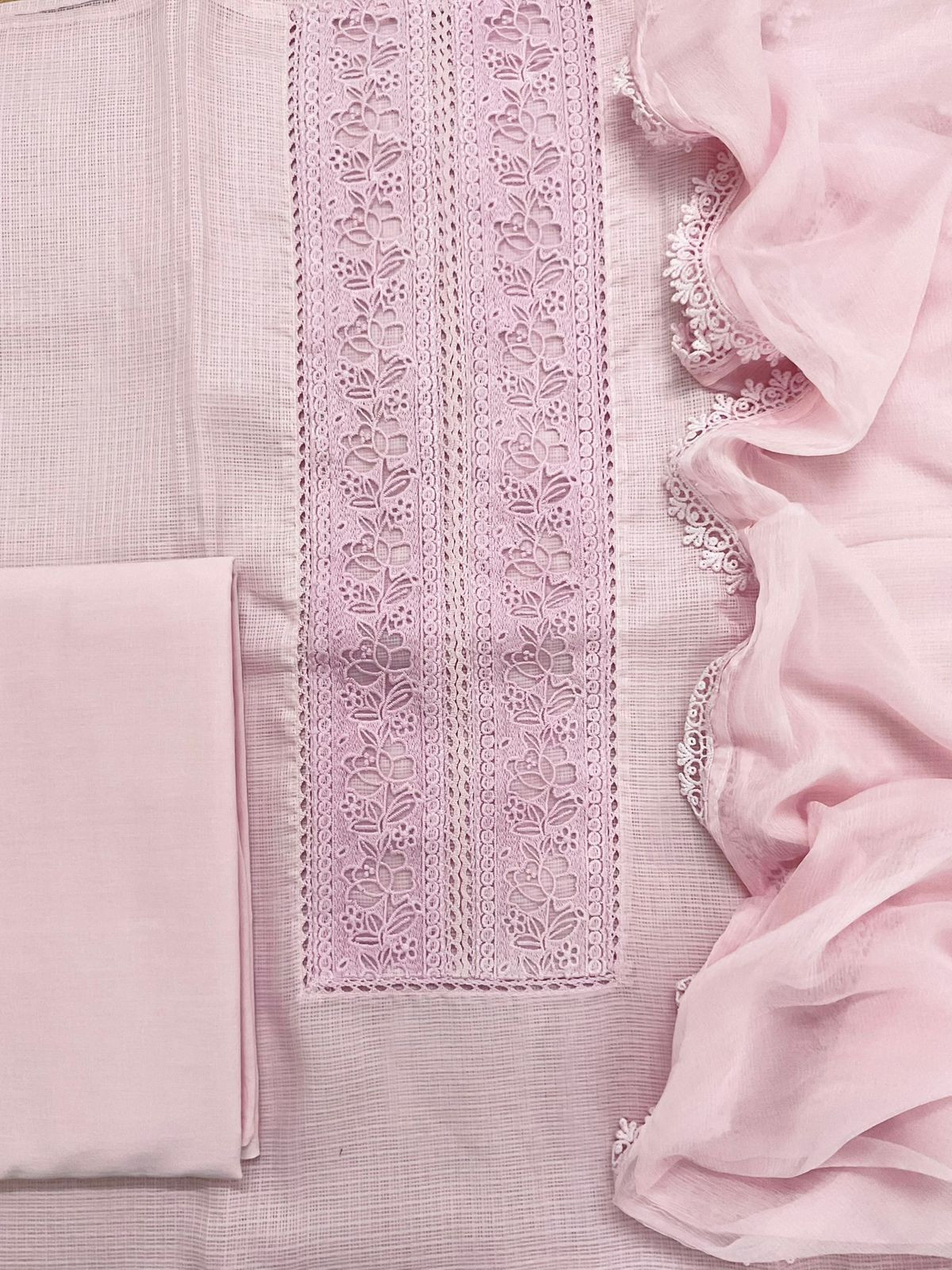 Soft Kota Silk Embroidered Suit - Pink