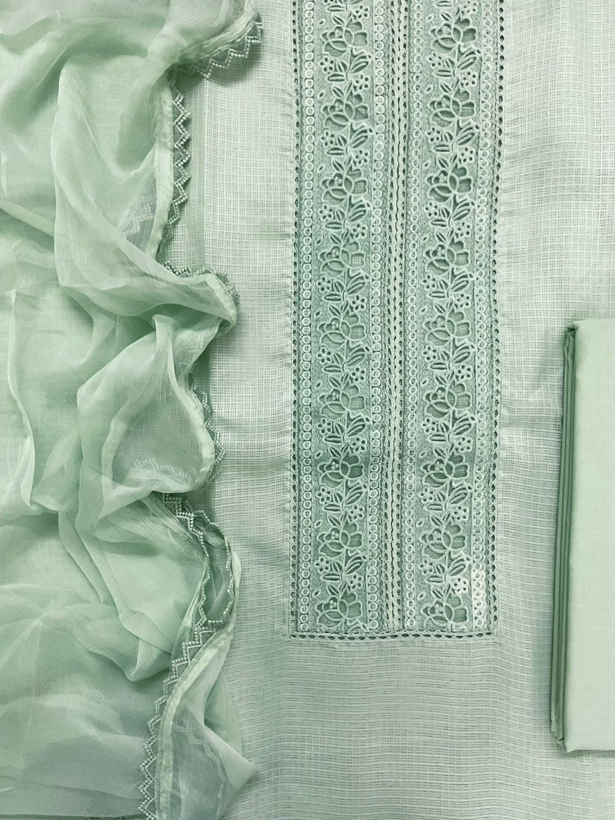 Soft Kota Silk Embroidered Suit - Green