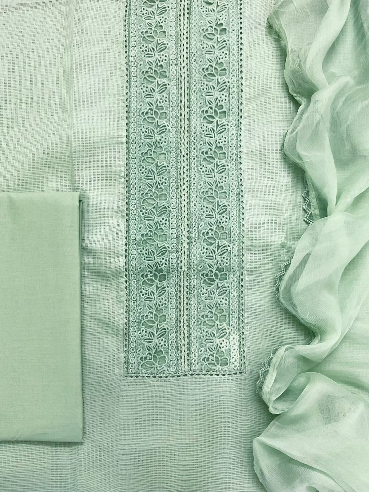 Soft Kota Silk Embroidered Suit - Green