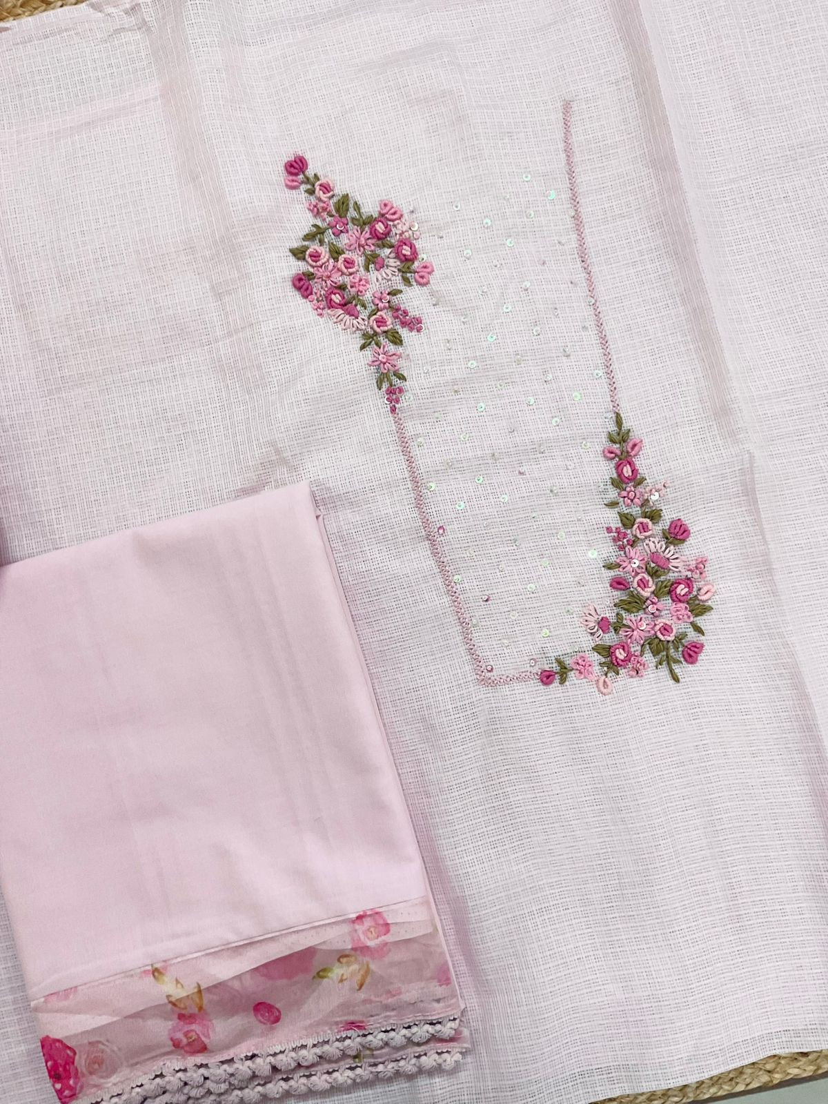 Soft Kota Silk Printed Embroidered Suit - Pink