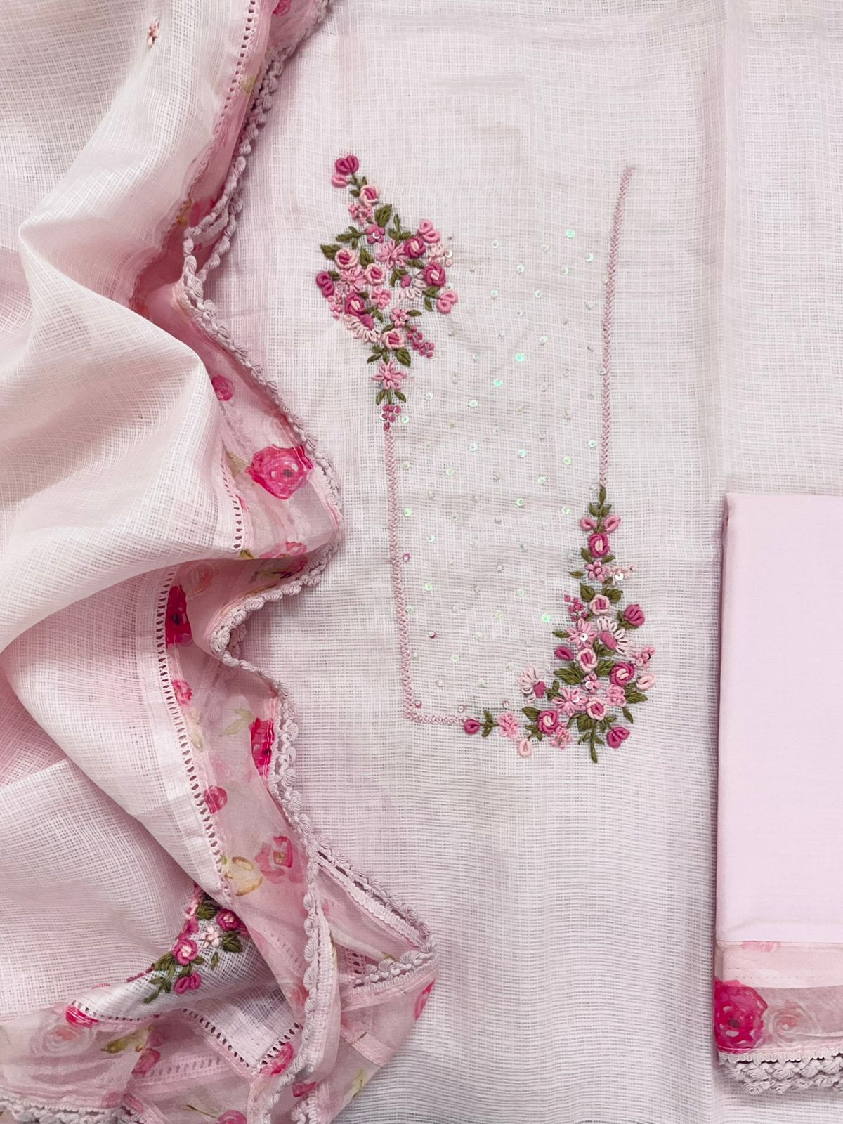 Soft Kota Silk Printed Embroidered Suit - Pink