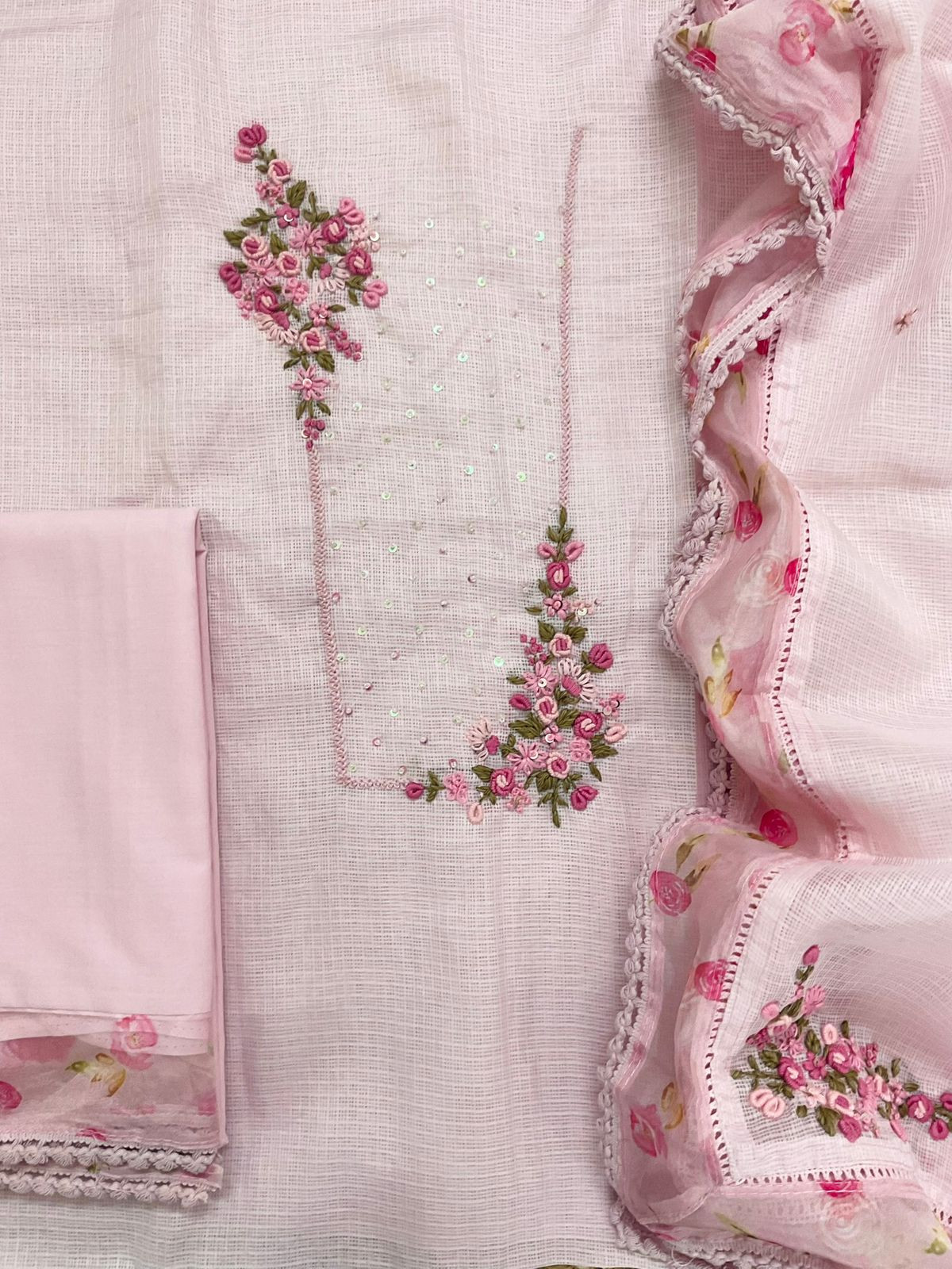 Soft Kota Silk Printed Embroidered Suit - Pink