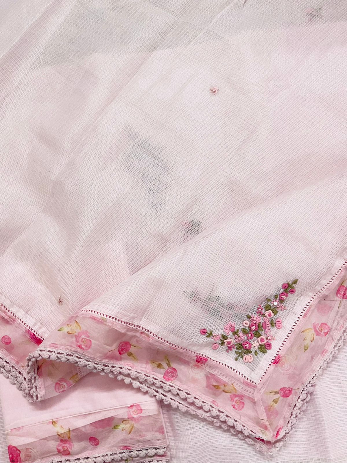Soft Kota Silk Printed Embroidered Suit - Pink