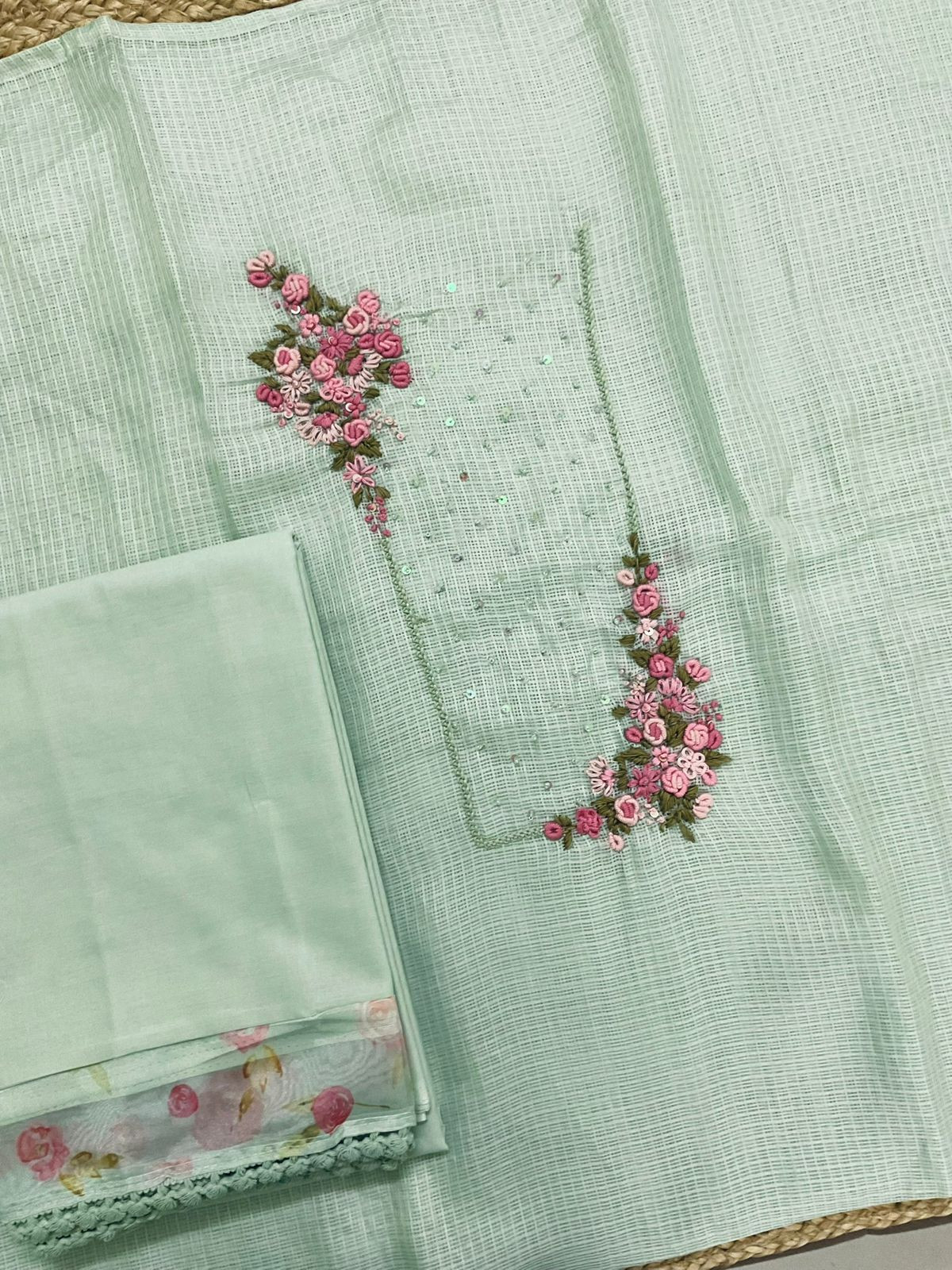 Soft Kota Silk Printed Embroidered Suit - Green