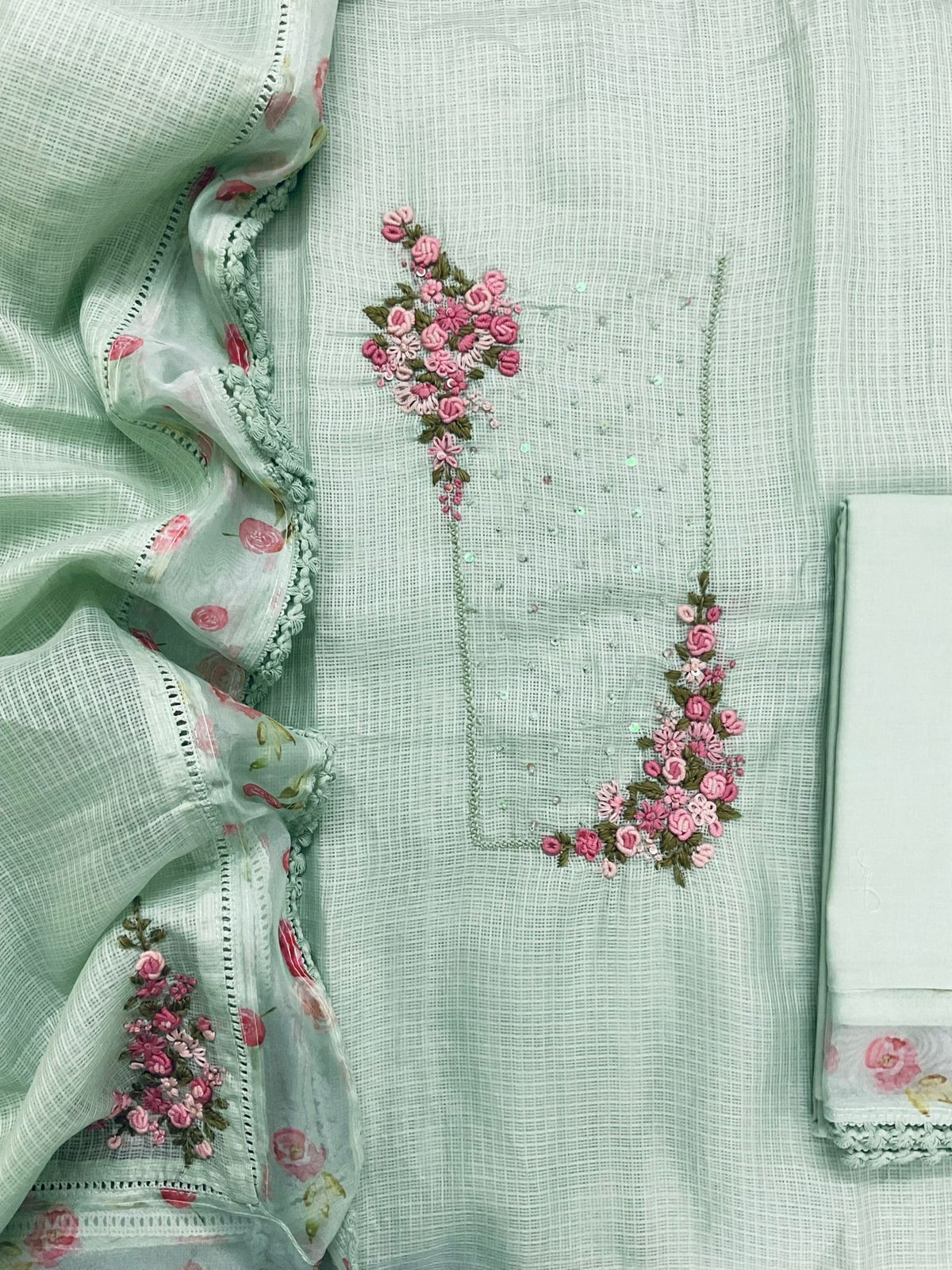 Soft Kota Silk Printed Embroidered Suit - Green