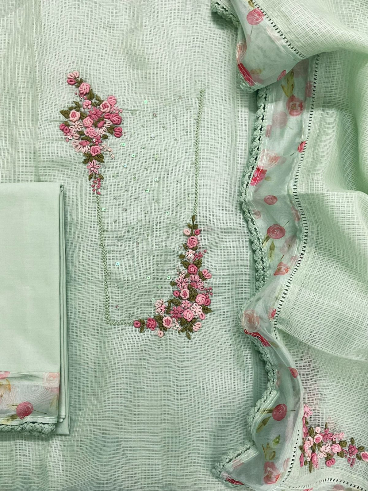 Soft Kota Silk Printed Embroidered Suit - Green