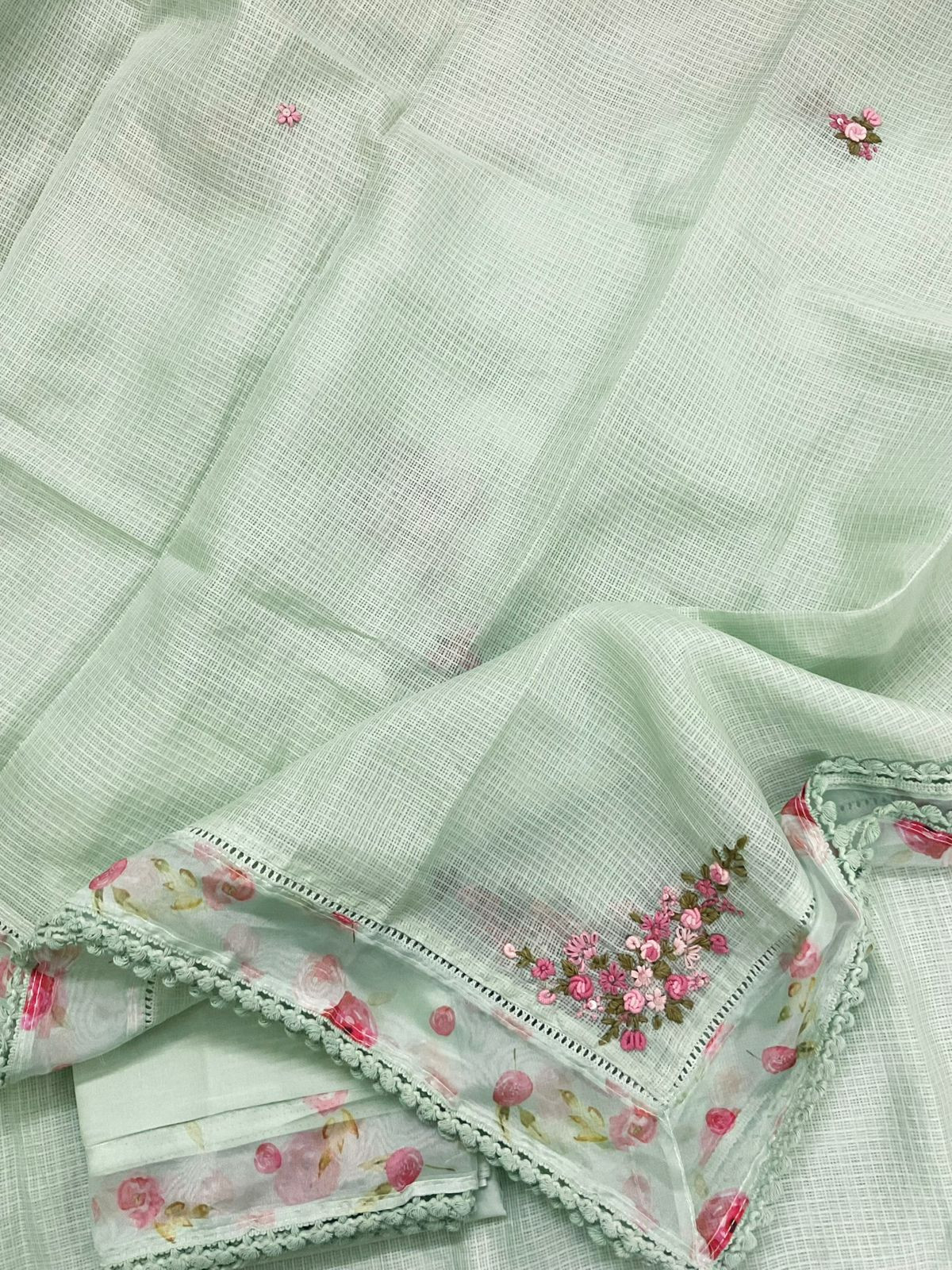Soft Kota Silk Printed Embroidered Suit - Green