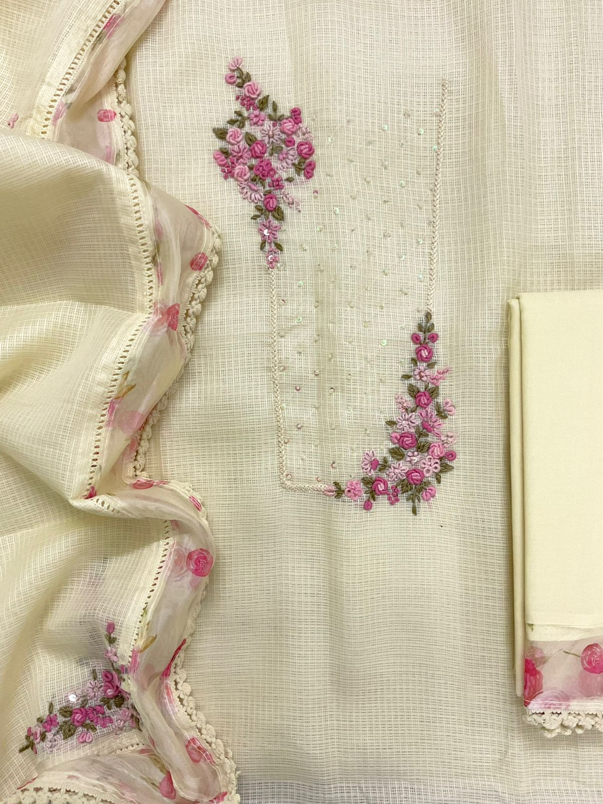 Soft Kota Silk Printed Embroidered Suit - Yellow