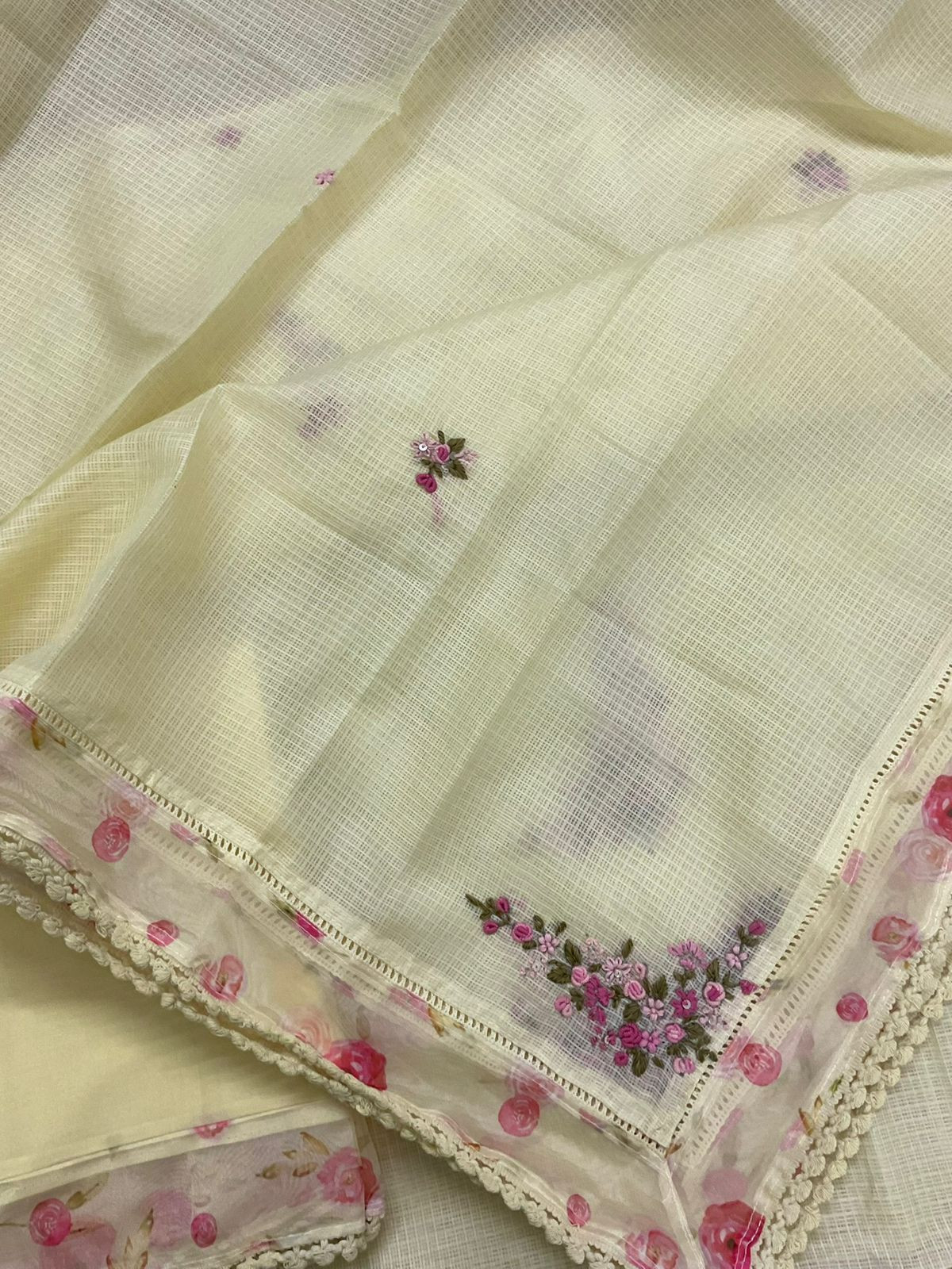 Soft Kota Silk Printed Embroidered Suit - Yellow