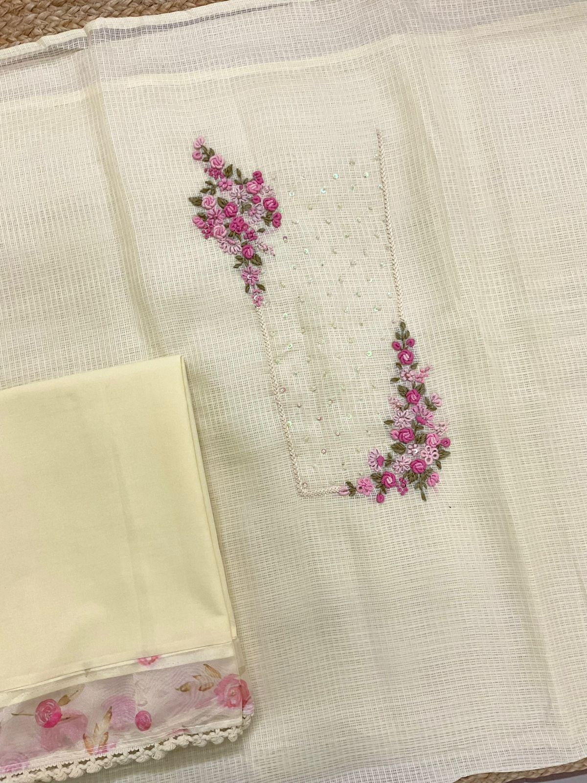 Soft Kota Silk Printed Embroidered Suit - Yellow