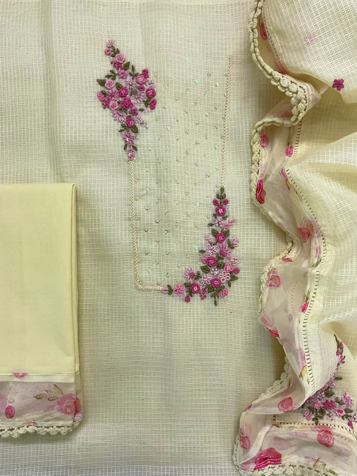 Soft Kota Silk Printed Embroidered Suit - Yellow