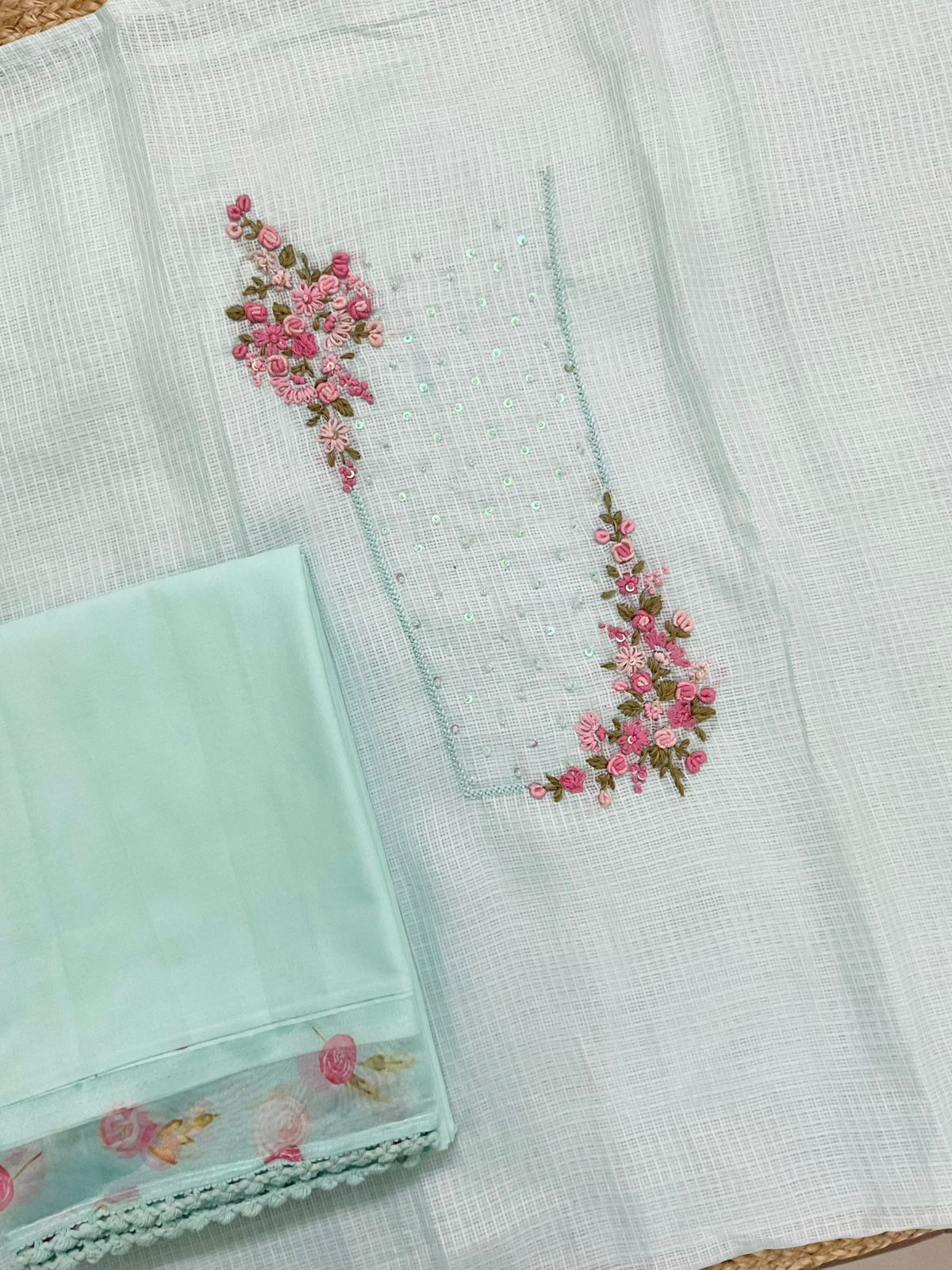 Soft Kota Silk Printed Embroidered Suit - Blue