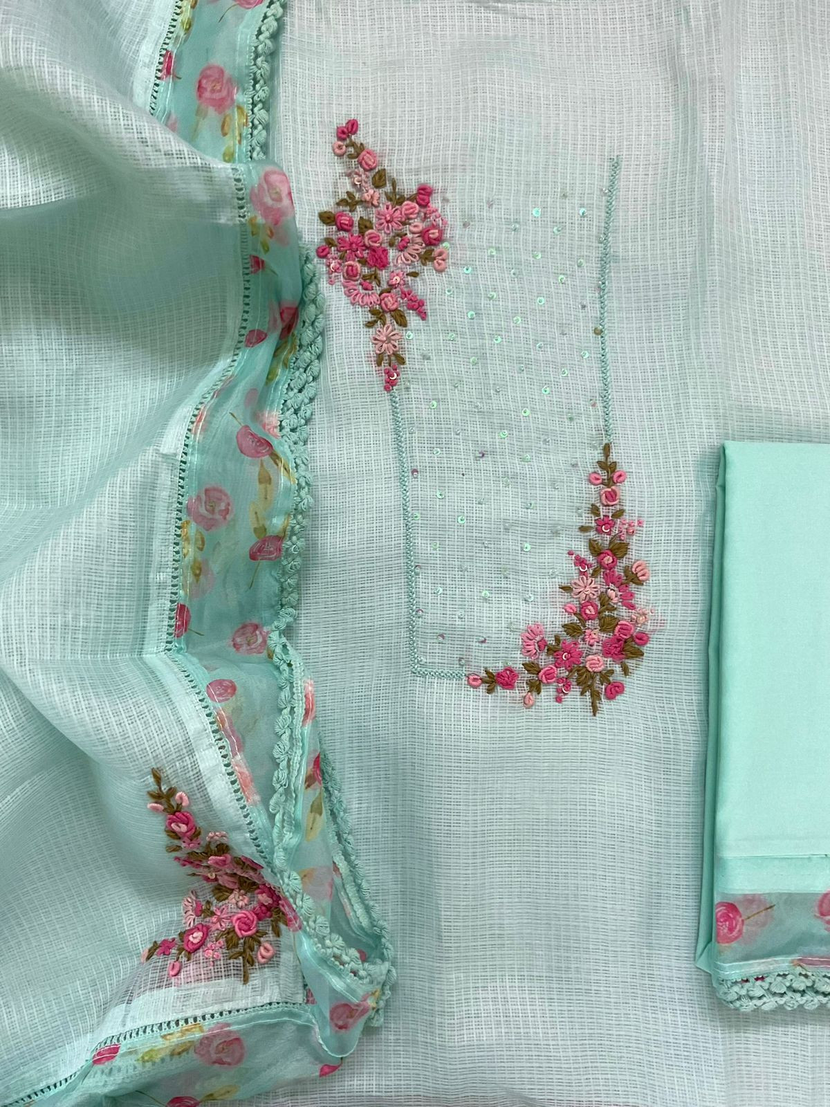 Soft Kota Silk Printed Embroidered Suit - Blue