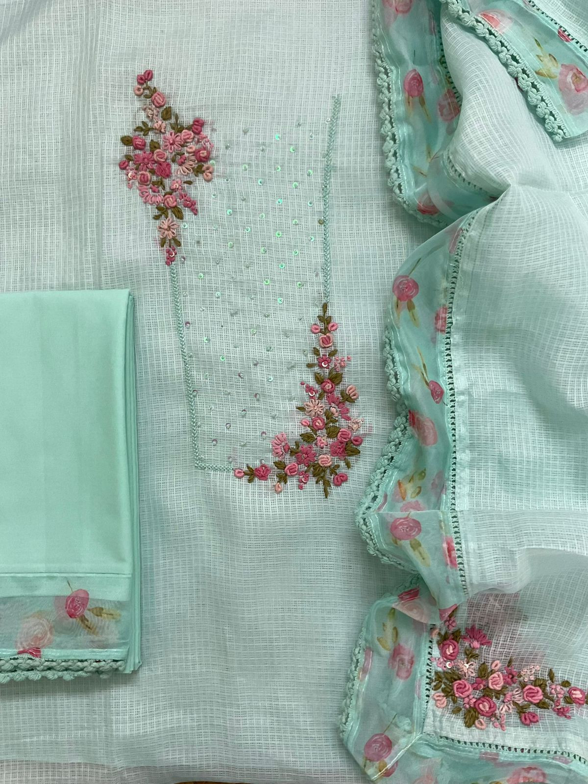 Soft Kota Silk Printed Embroidered Suit - Blue