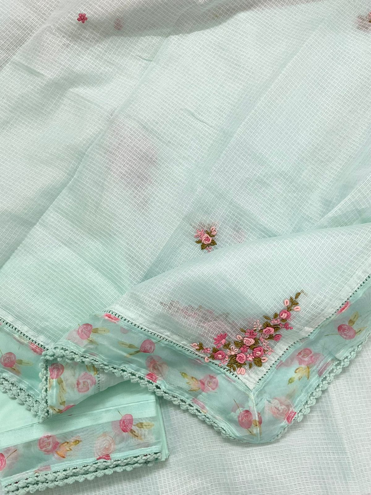 Soft Kota Silk Printed Embroidered Suit - Blue