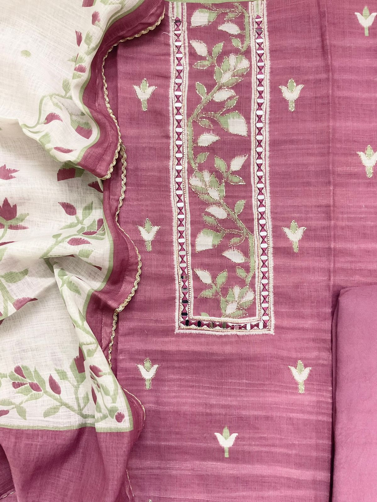 Soft Fine Linen Jute Cotton Printed Embroidered Suit - Dark Pink