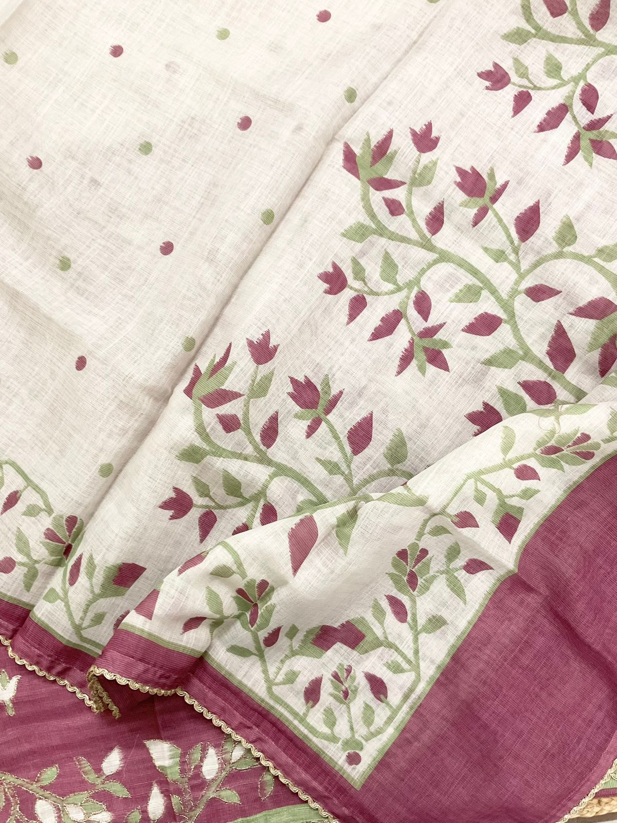 Soft Fine Linen Jute Cotton Printed Embroidered Suit - Dark Pink