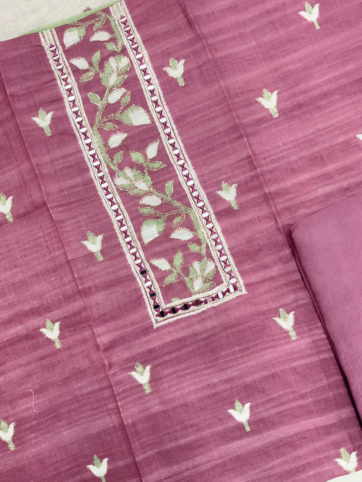 Soft Fine Linen Jute Cotton Printed Embroidered Suit - Dark Pink
