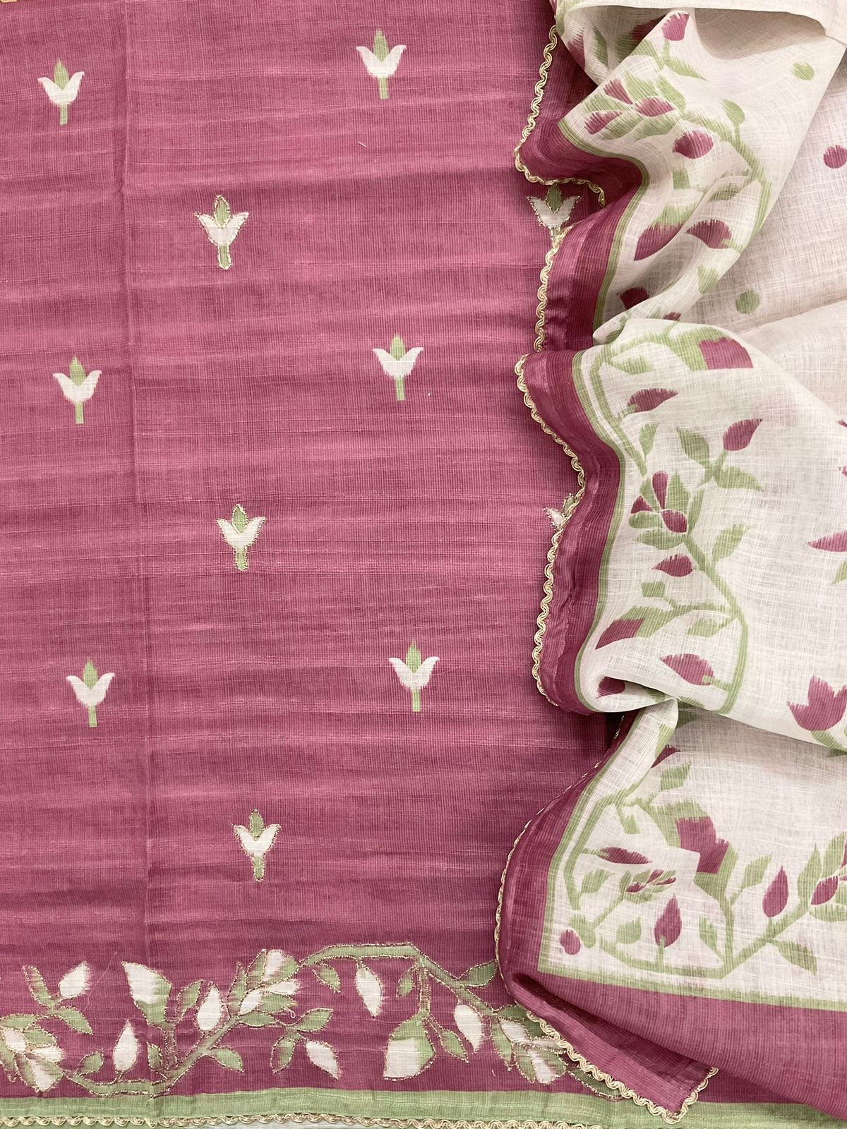 Soft Fine Linen Jute Cotton Printed Embroidered Suit - Dark Pink