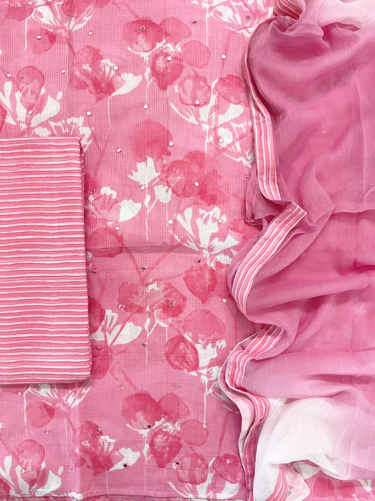 Pure Self Weaved Cotton Printed Embroidered Suit - Pink