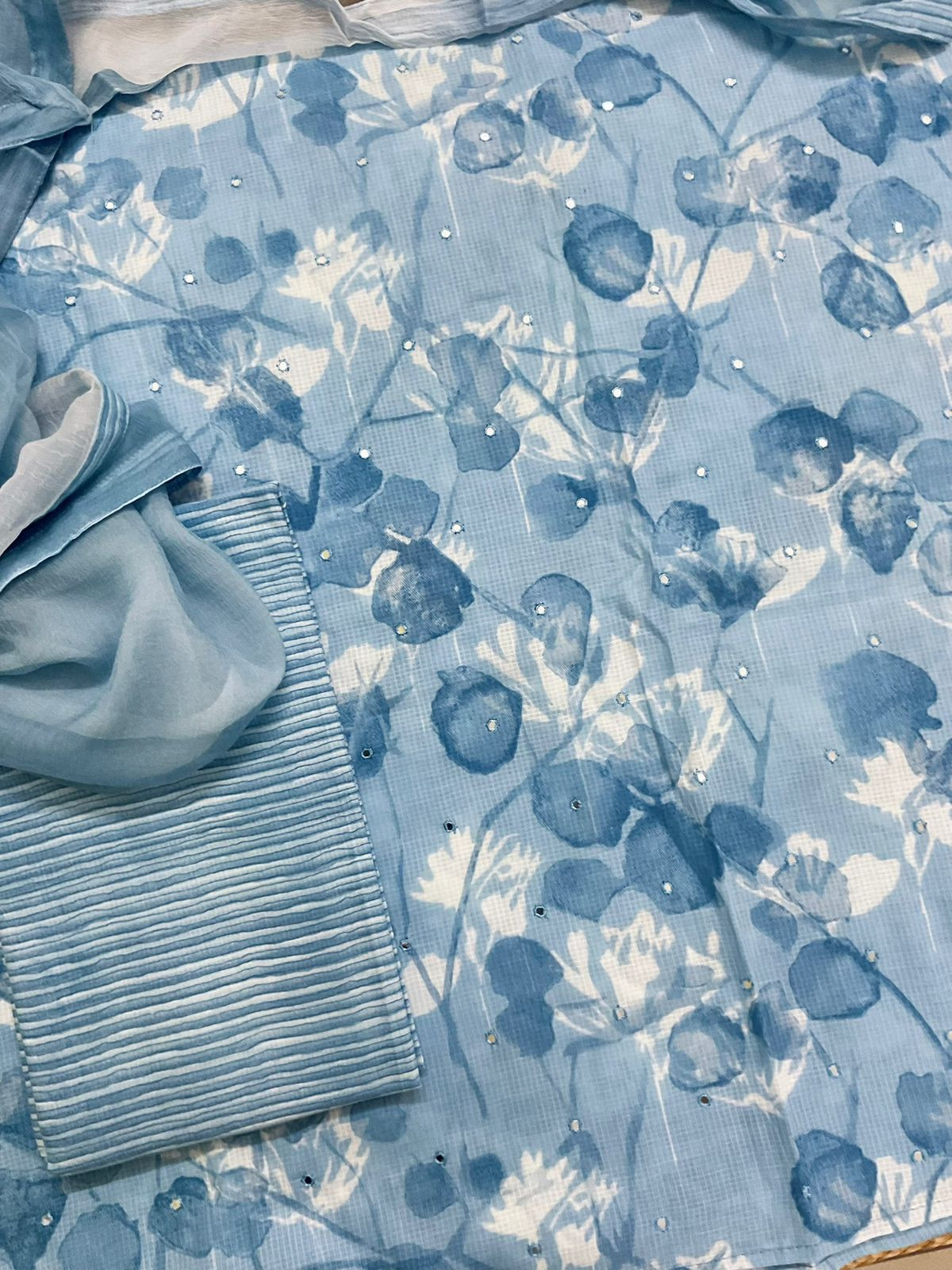 Pure Self Weaved Cotton Printed Embroidered Suit - Blue
