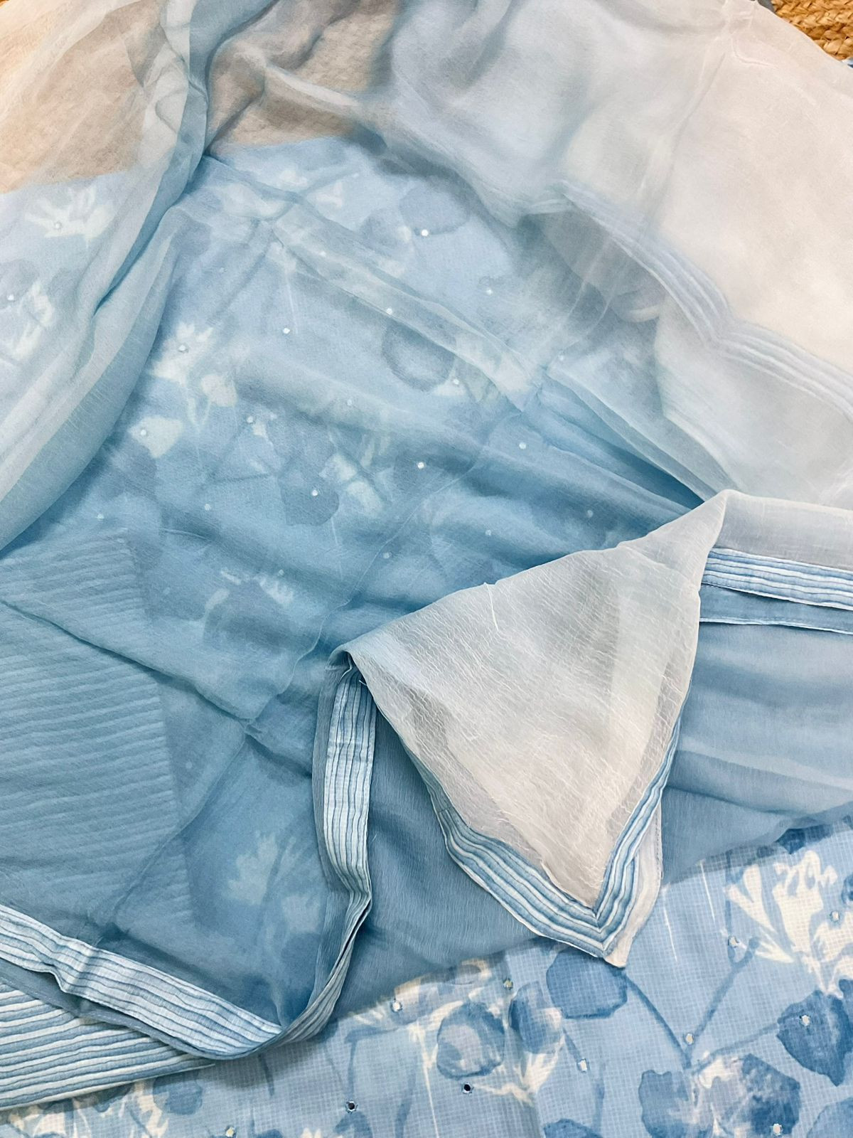 Pure Self Weaved Cotton Printed Embroidered Suit - Blue