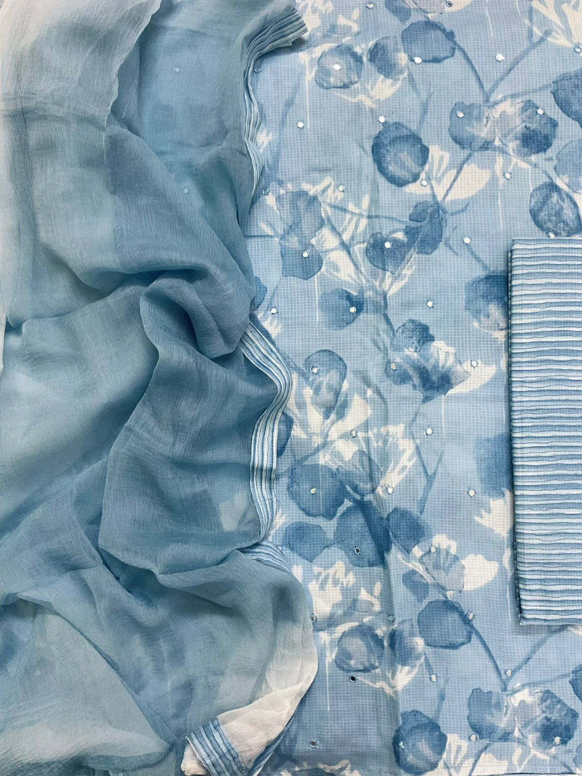 Pure Self Weaved Cotton Printed Embroidered Suit - Blue