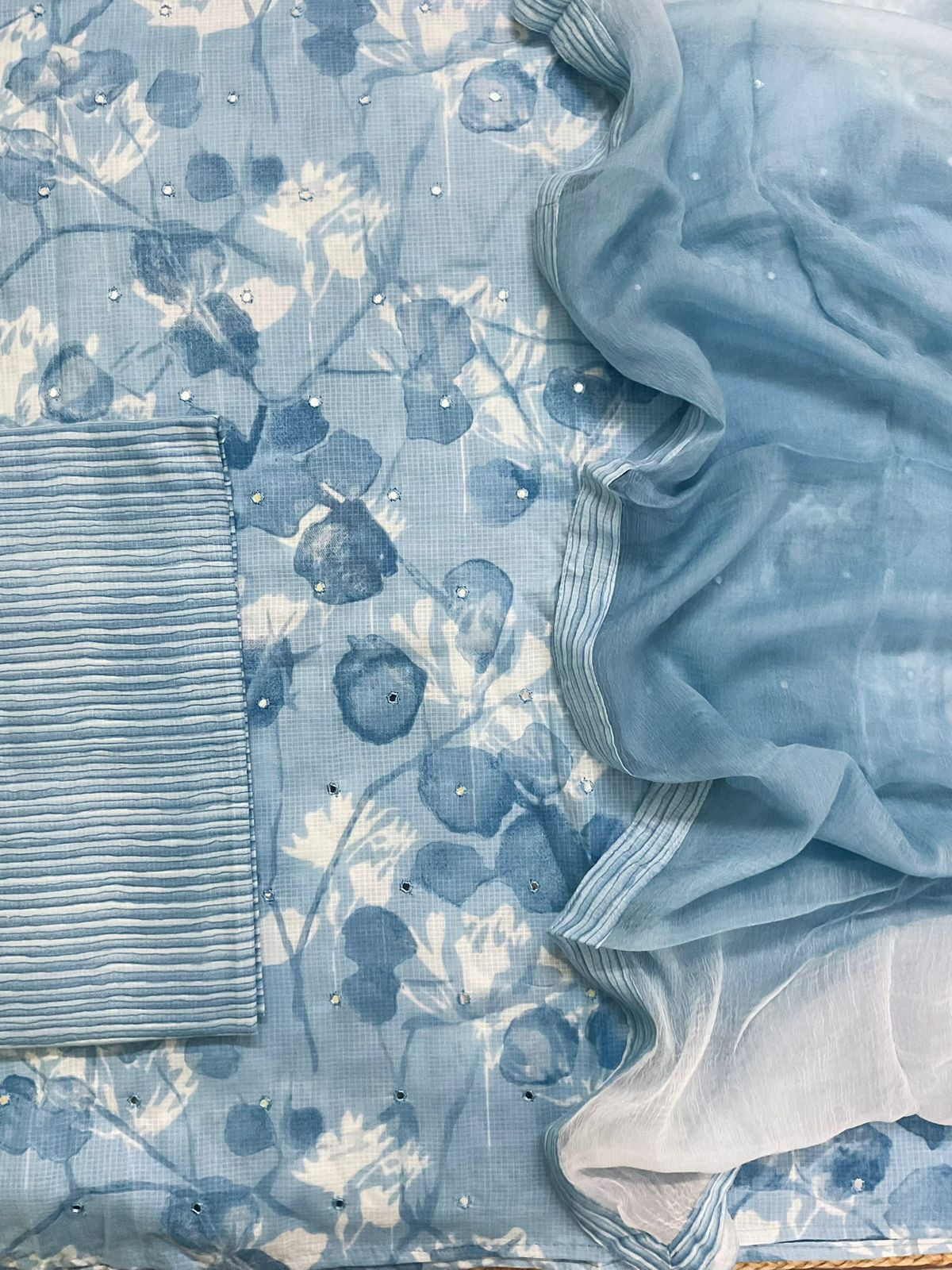 Pure Self Weaved Cotton Printed Embroidered Suit - Blue