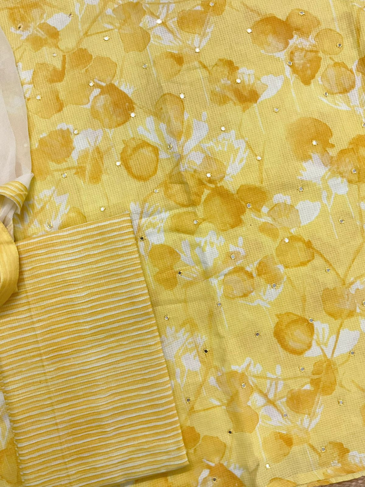 Pure Self Weaved Cotton Printed Embroidered Suit - Yellow