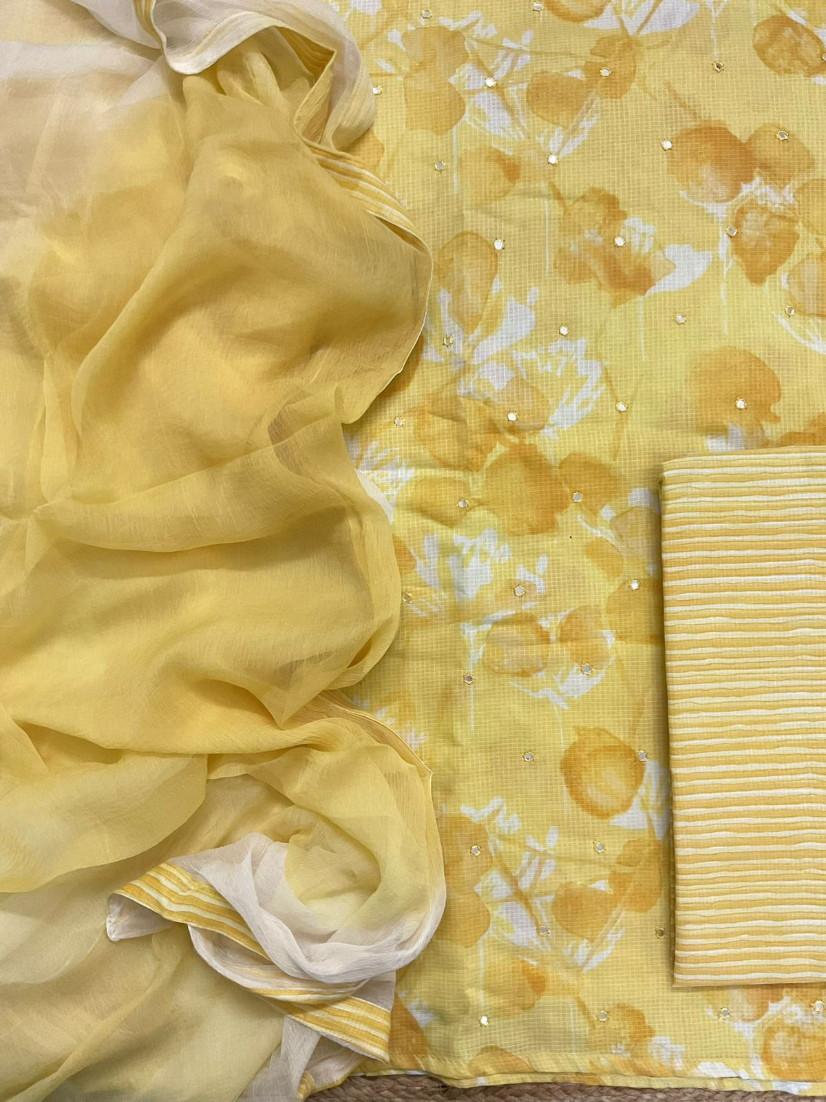 Pure Self Weaved Cotton Printed Embroidered Suit - Yellow