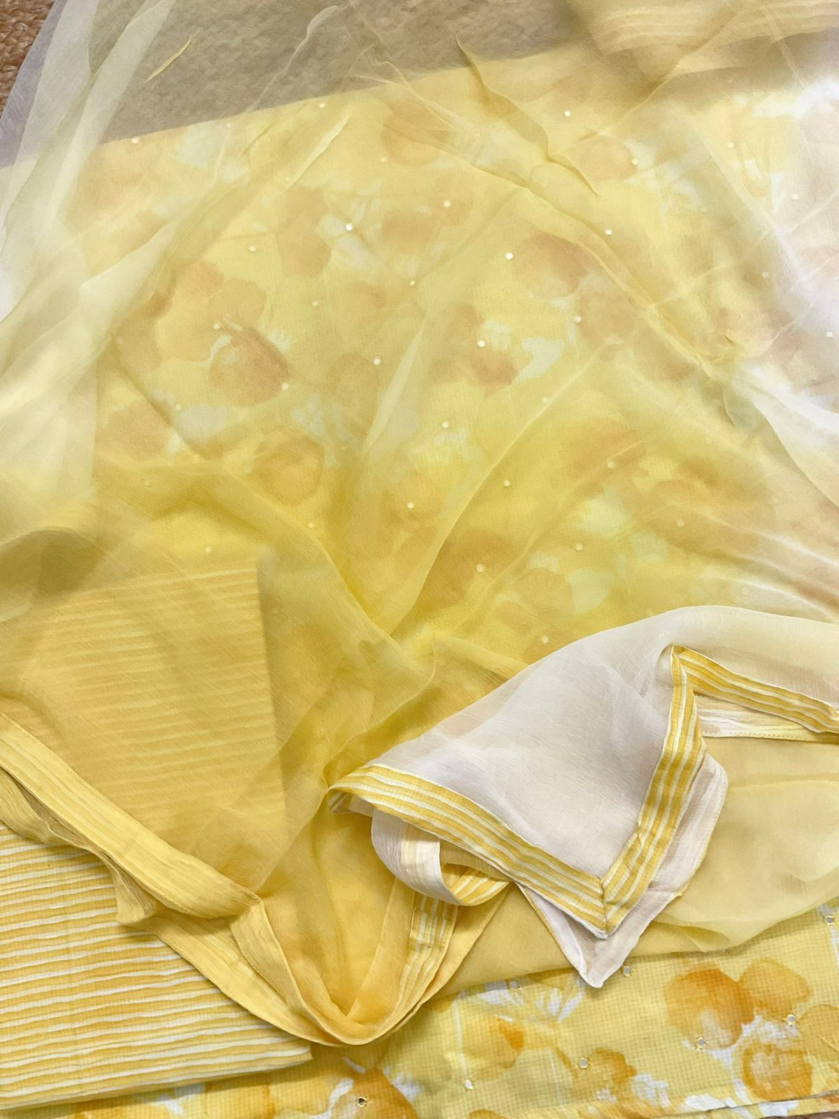 Pure Self Weaved Cotton Printed Embroidered Suit - Yellow