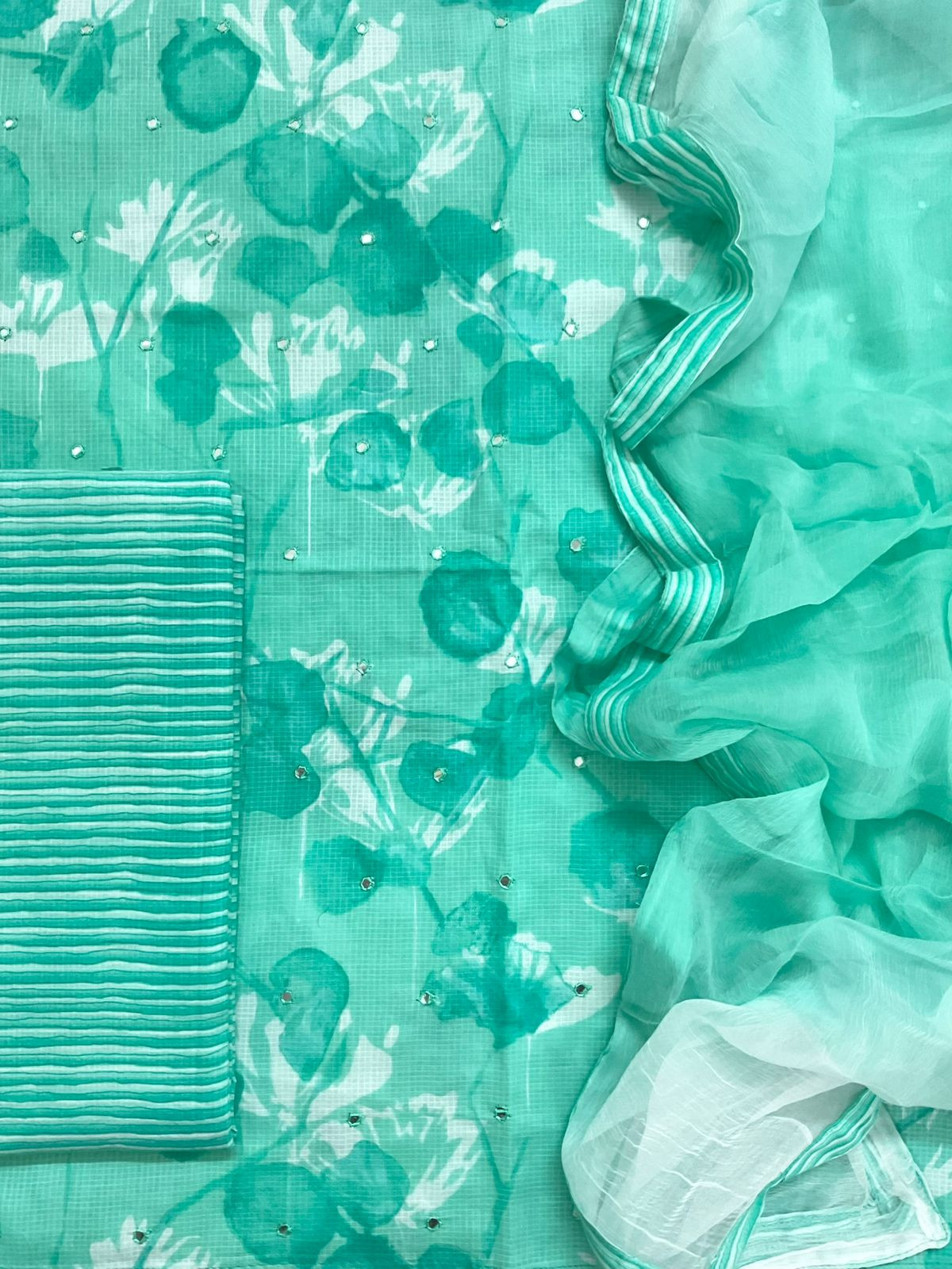 Pure Self Weaved Cotton Printed Embroidered Suit - Green