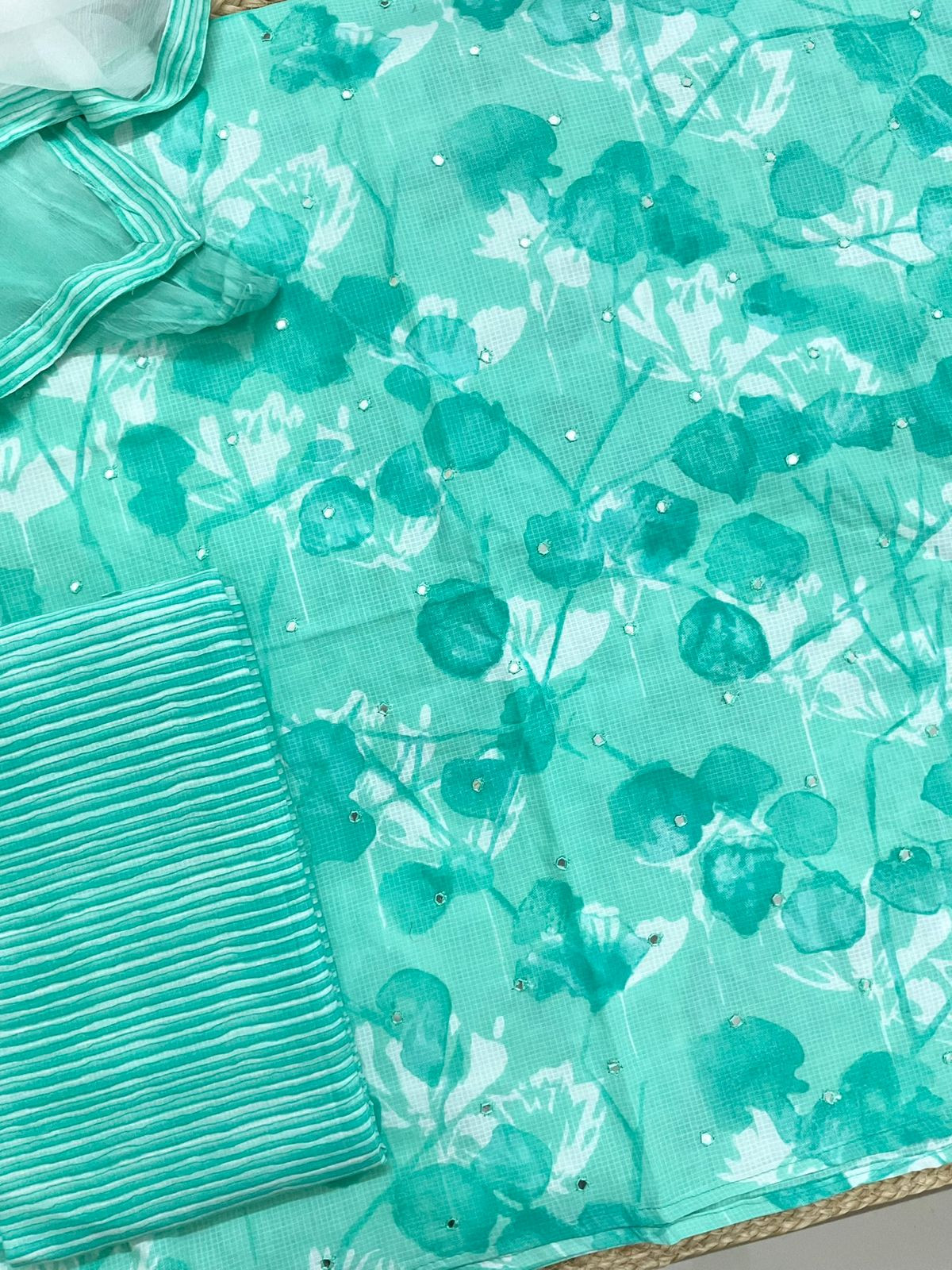 Pure Self Weaved Cotton Printed Embroidered Suit - Green