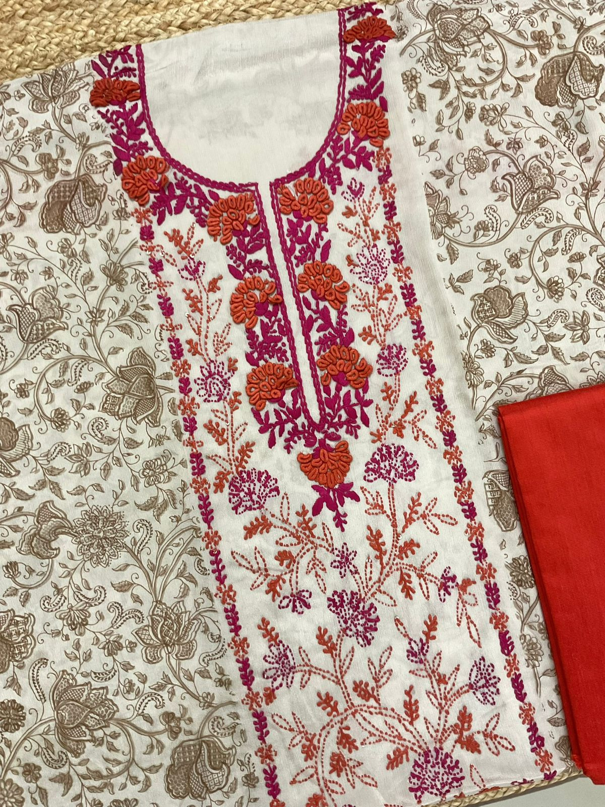 Pure Fine Chinnon Silk Printed Embroidered Suit - Beige