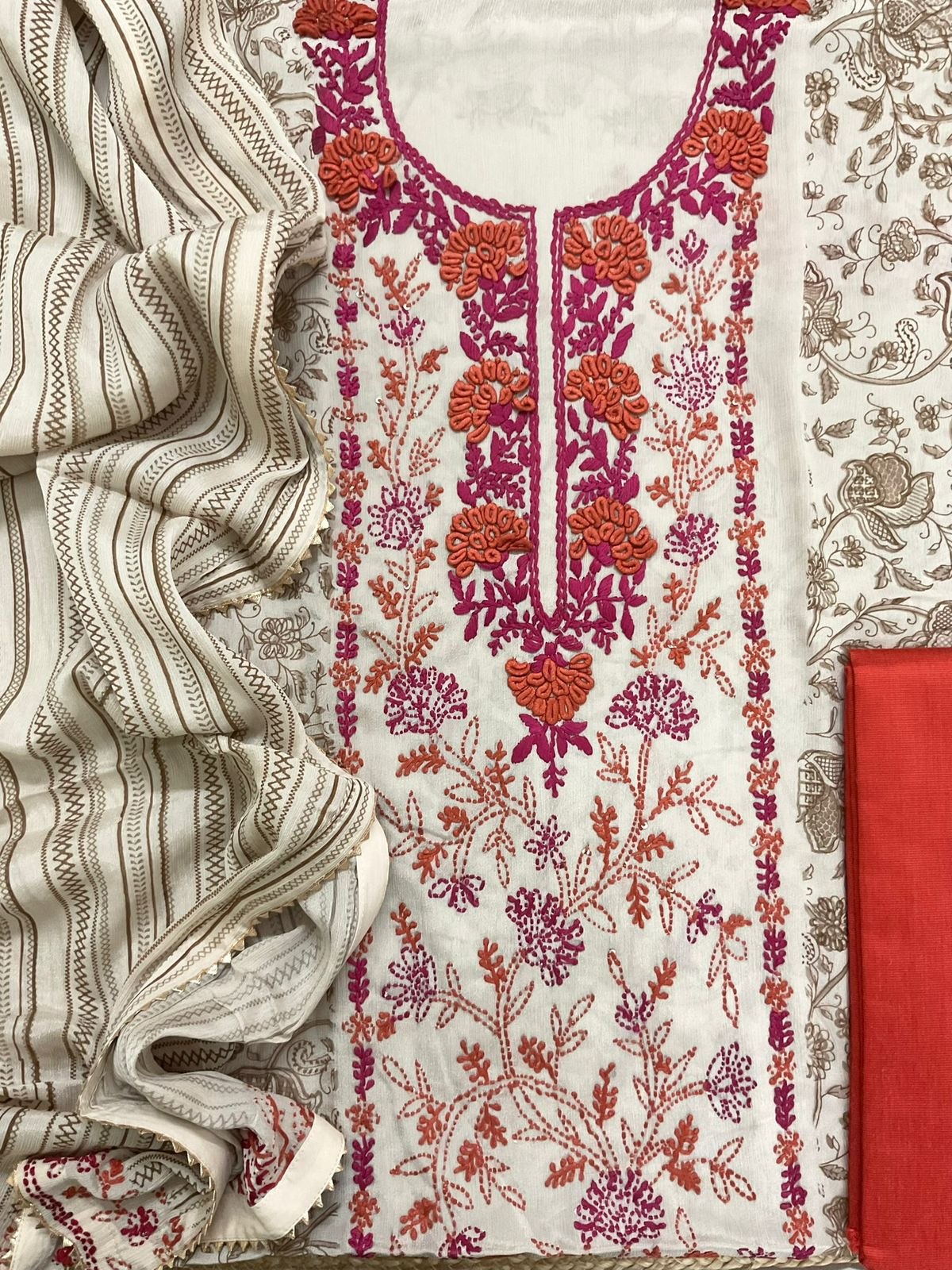 Pure Fine Chinnon Silk Printed Embroidered Suit - Beige