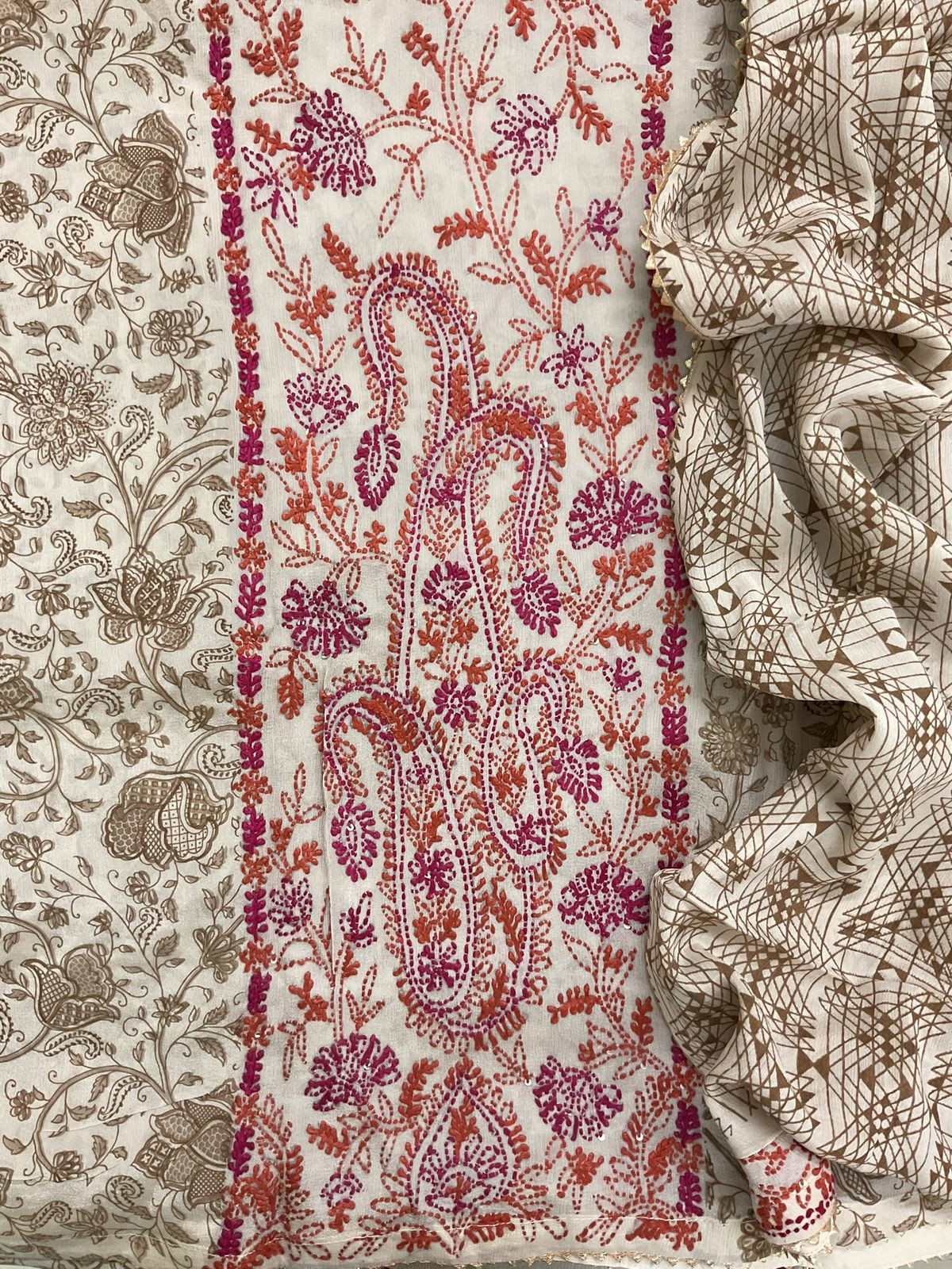 Pure Fine Chinnon Silk Printed Embroidered Suit - Beige