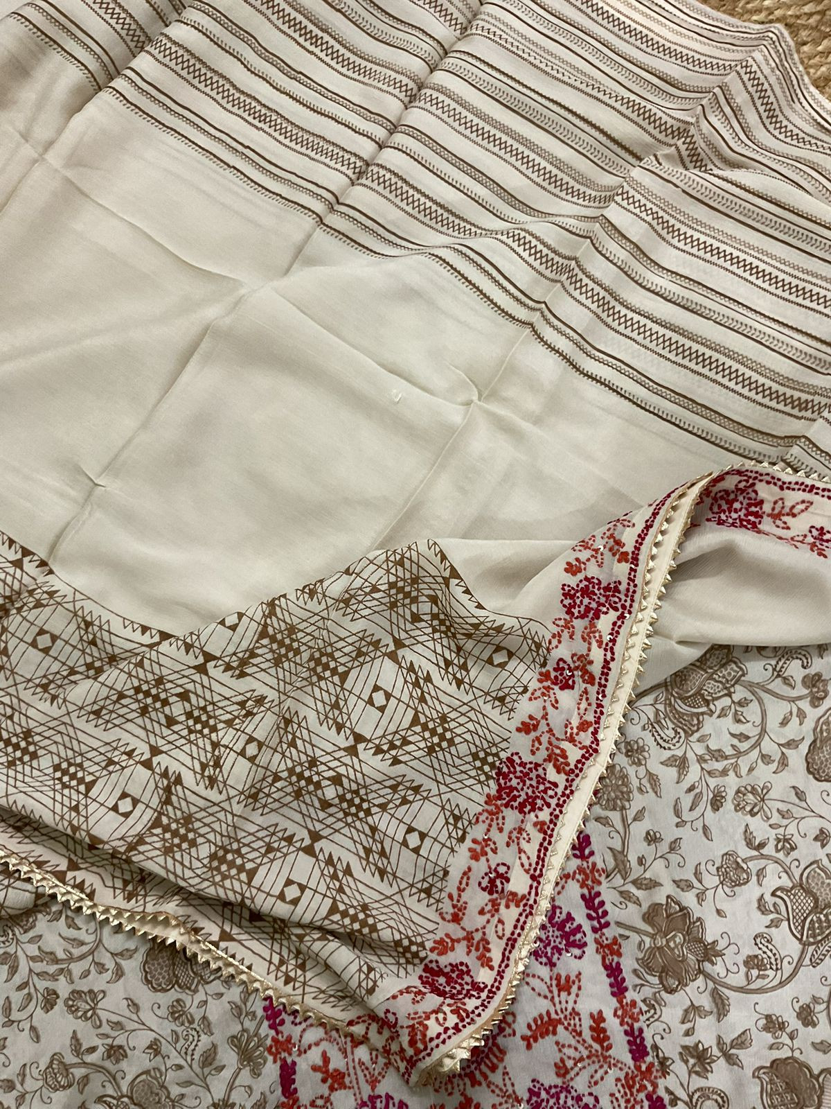 Pure Fine Chinnon Silk Printed Embroidered Suit - Beige