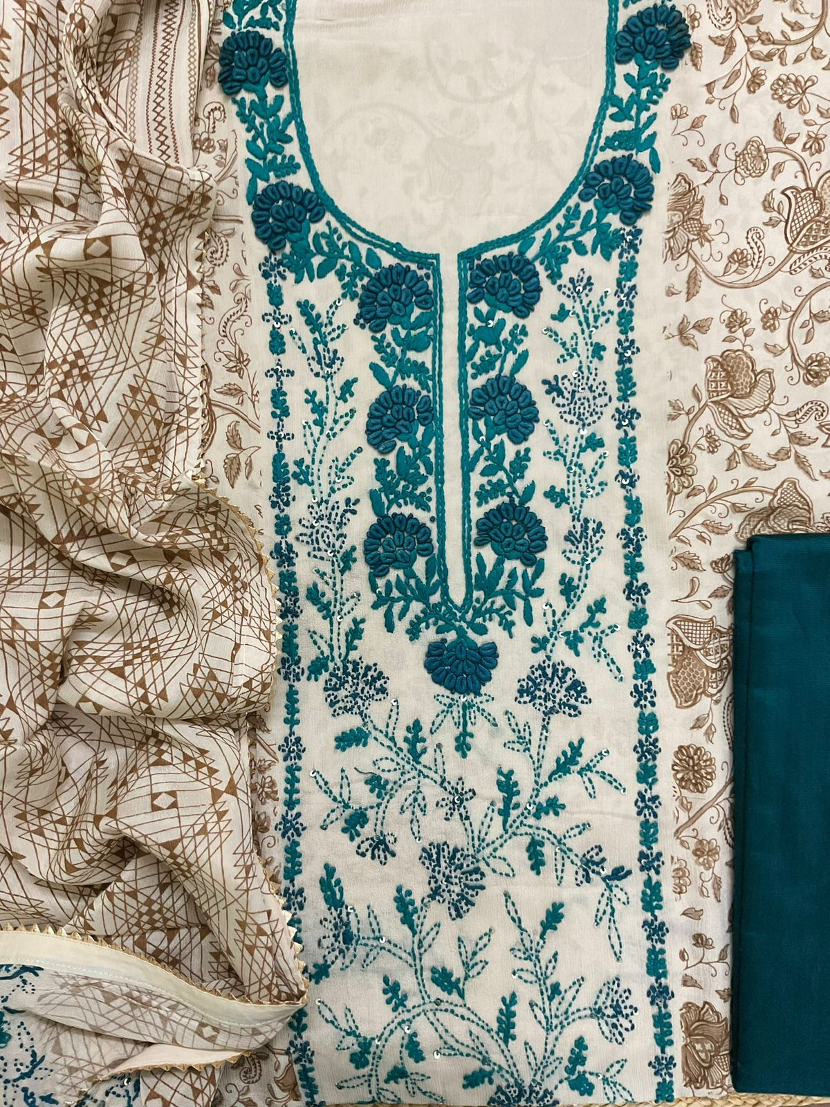 Pure Fine Chinnon Silk Printed Embroidered Suit - Beige