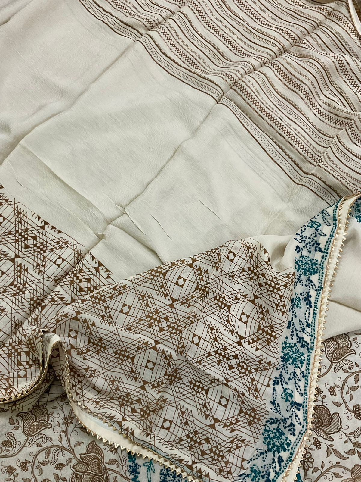 Pure Fine Chinnon Silk Printed Embroidered Suit - Beige