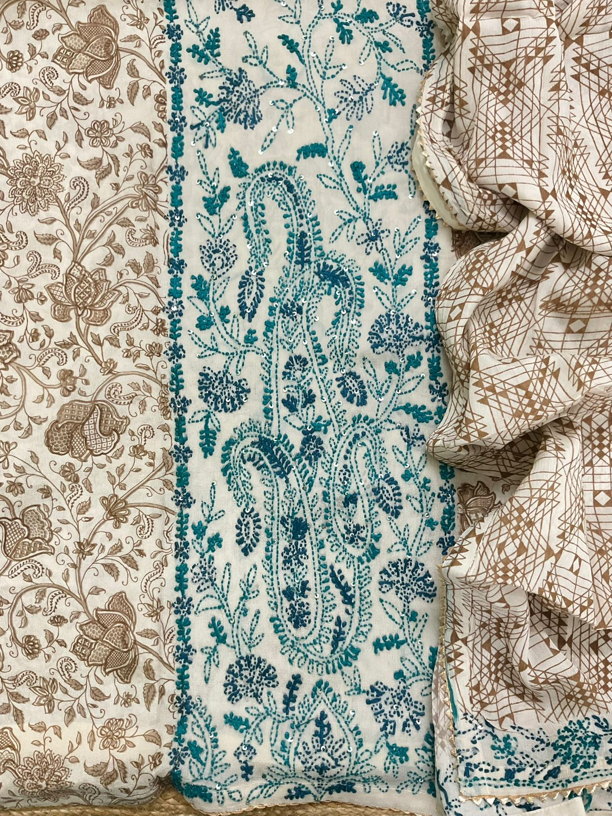 Pure Fine Chinnon Silk Printed Embroidered Suit - Beige