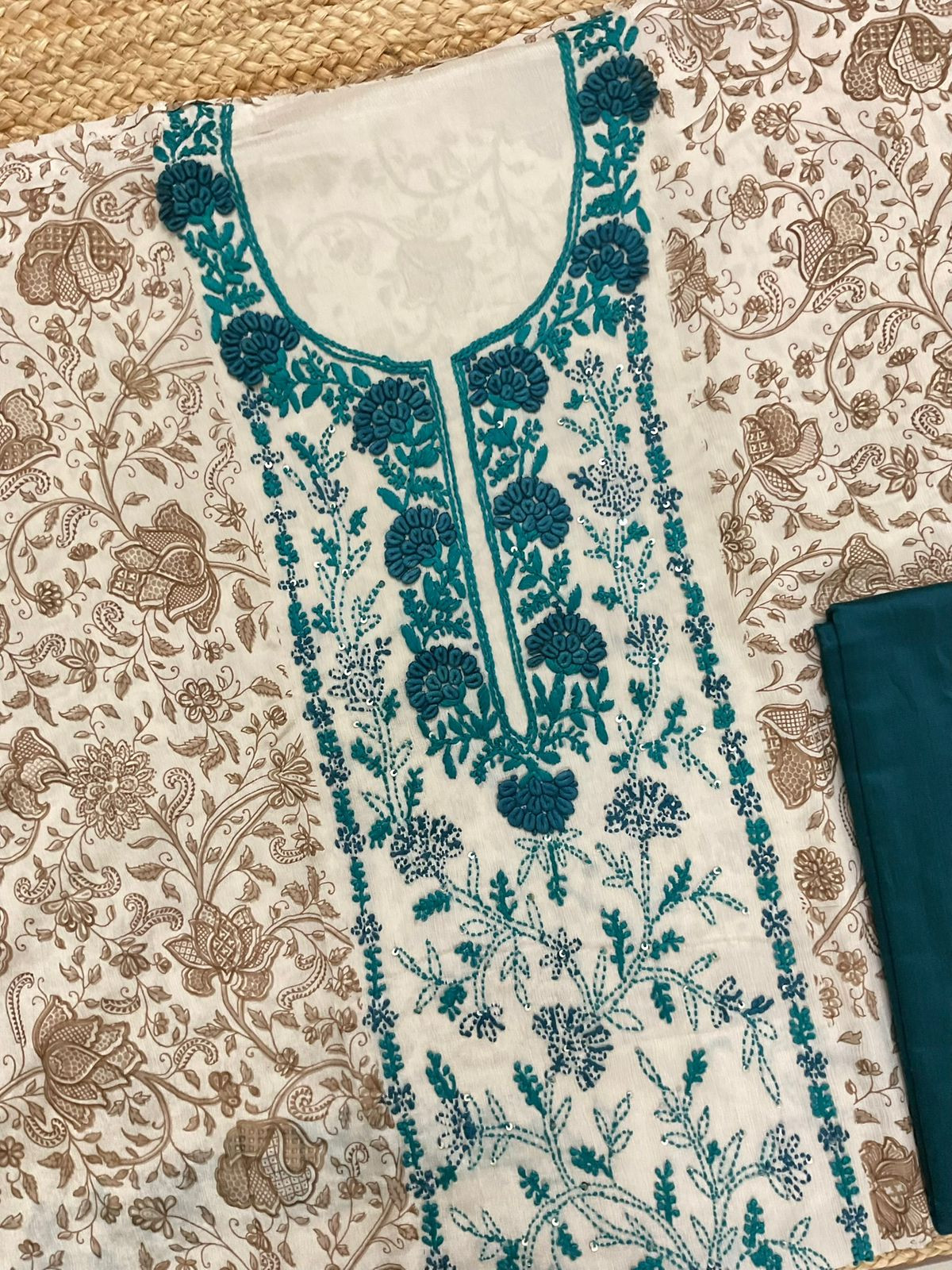 Pure Fine Chinnon Silk Printed Embroidered Suit - Beige