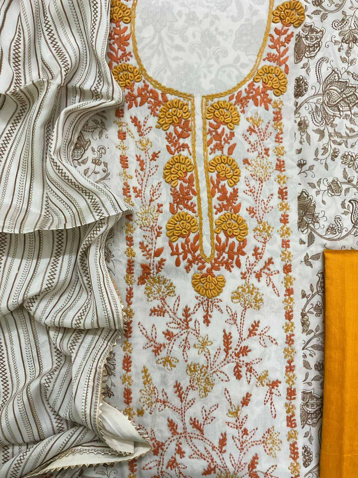 Pure Fine Chinnon Silk Printed Embroidered Suit - Beige