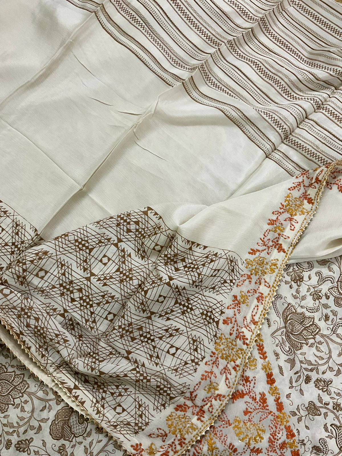 Pure Fine Chinnon Silk Printed Embroidered Suit - Beige