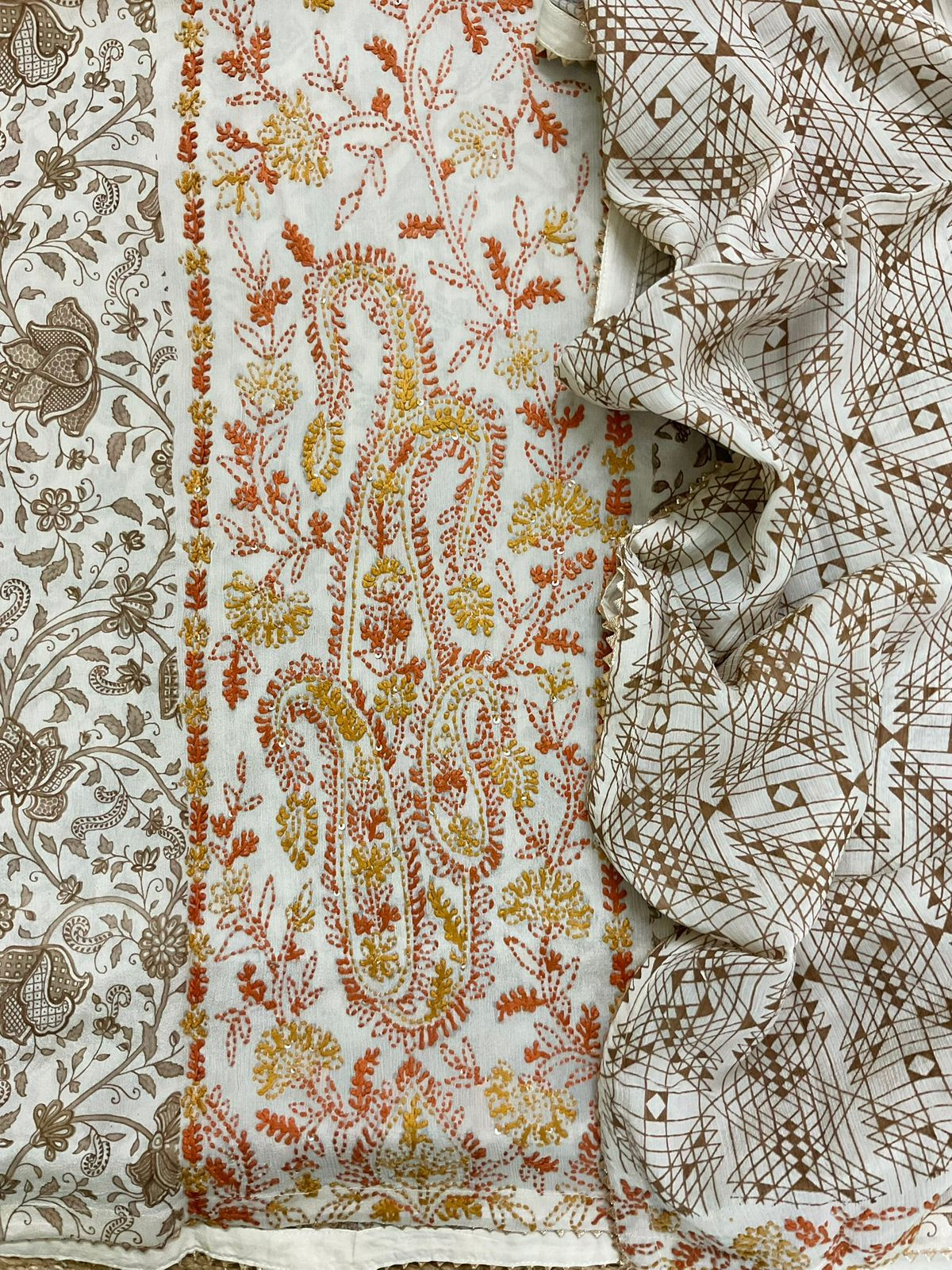 Pure Fine Chinnon Silk Printed Embroidered Suit - Beige