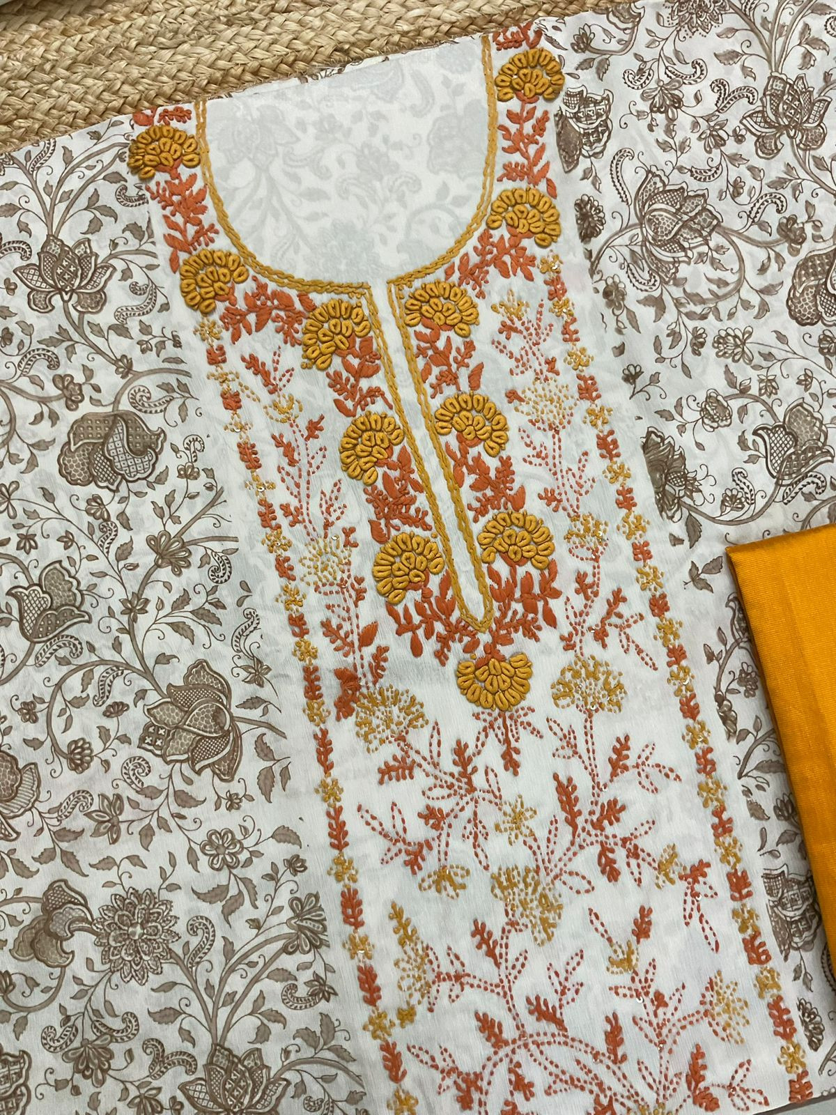 Pure Fine Chinnon Silk Printed Embroidered Suit - Beige