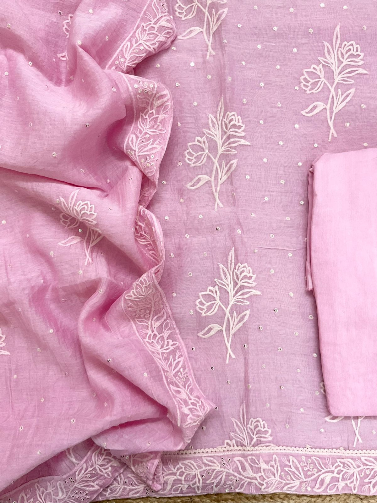Pure Chanderi Embroidered Suit - Pink