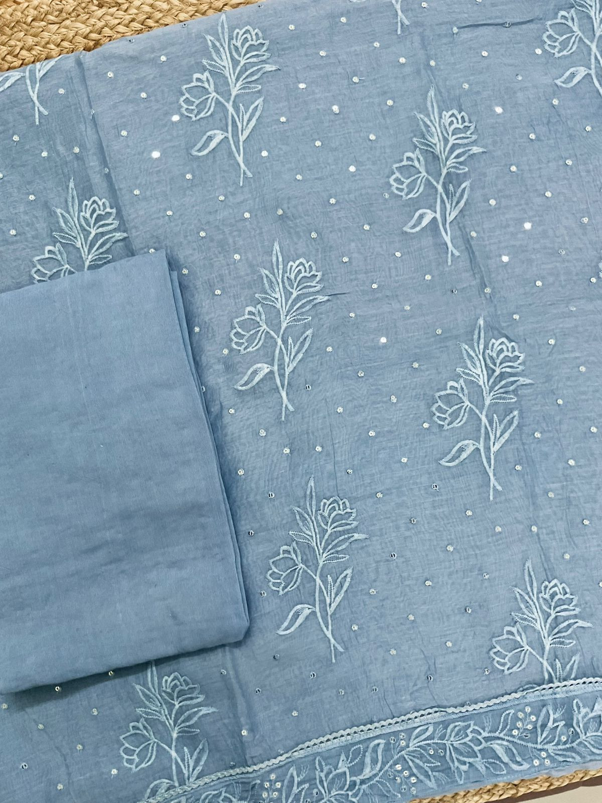 Pure Chanderi Embroidered Suit - Blue